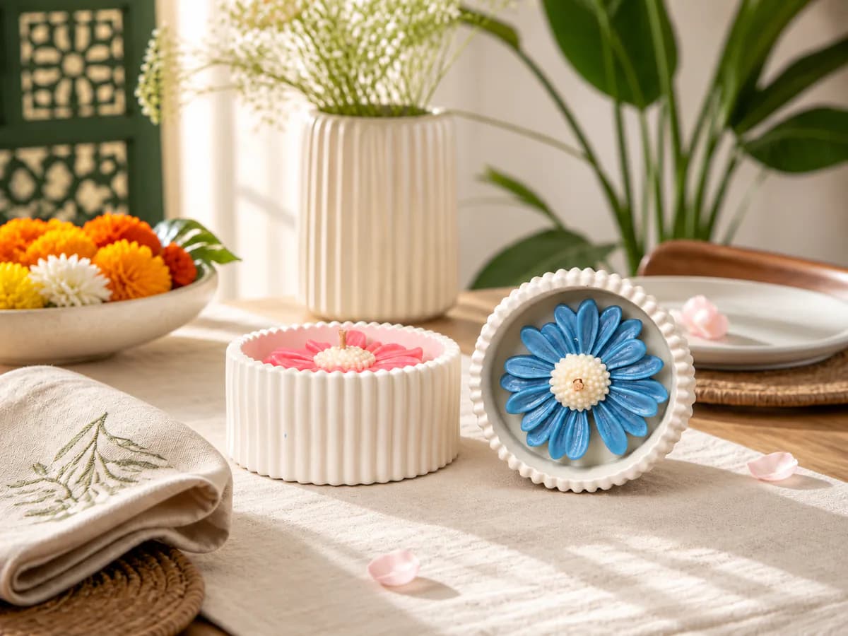 Pink and blue flower candles with white eco-casting bases on a sunlit dining table