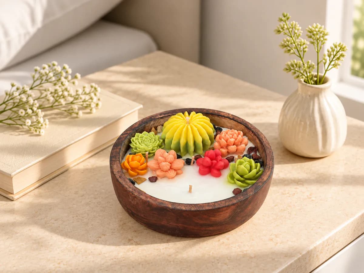 Desert Bloom gilli mitti candle in a wooden bowl with colourful floral and cactus details