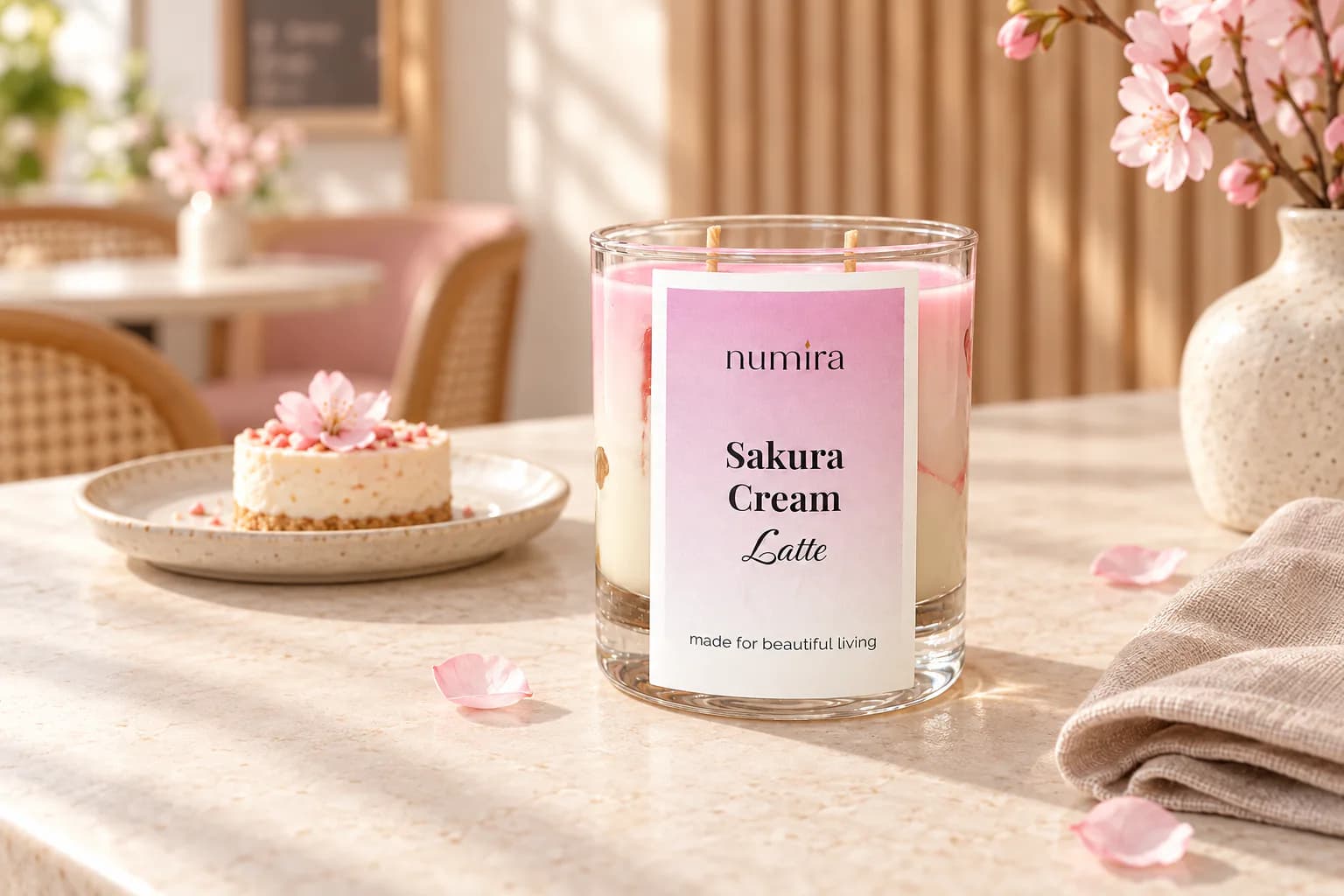 Sakura Cream Latte cherry blossom candle beside a cafe dessert in warm morning light