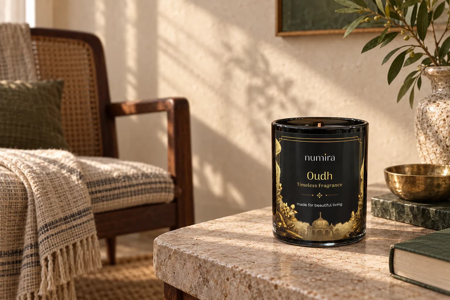 Oudh scented candle with a wooden wick in a sunlit reading corner