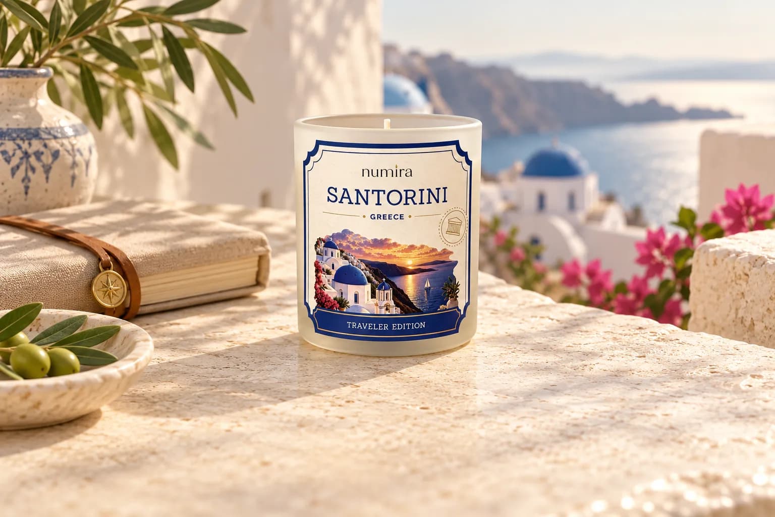 Santorini Greece sea salt candle beside a travel journal on a sunlit coastal terrace