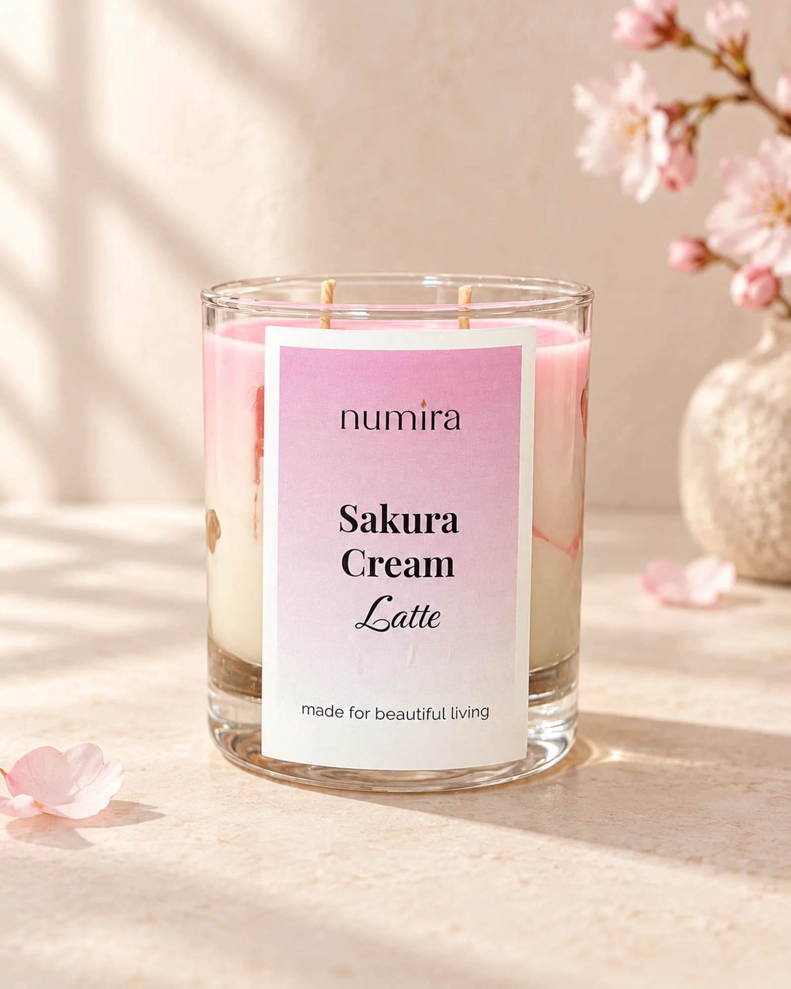 Sakura Cream Latte cherry blossom-scented candle with pink and cream layers beside blossoms