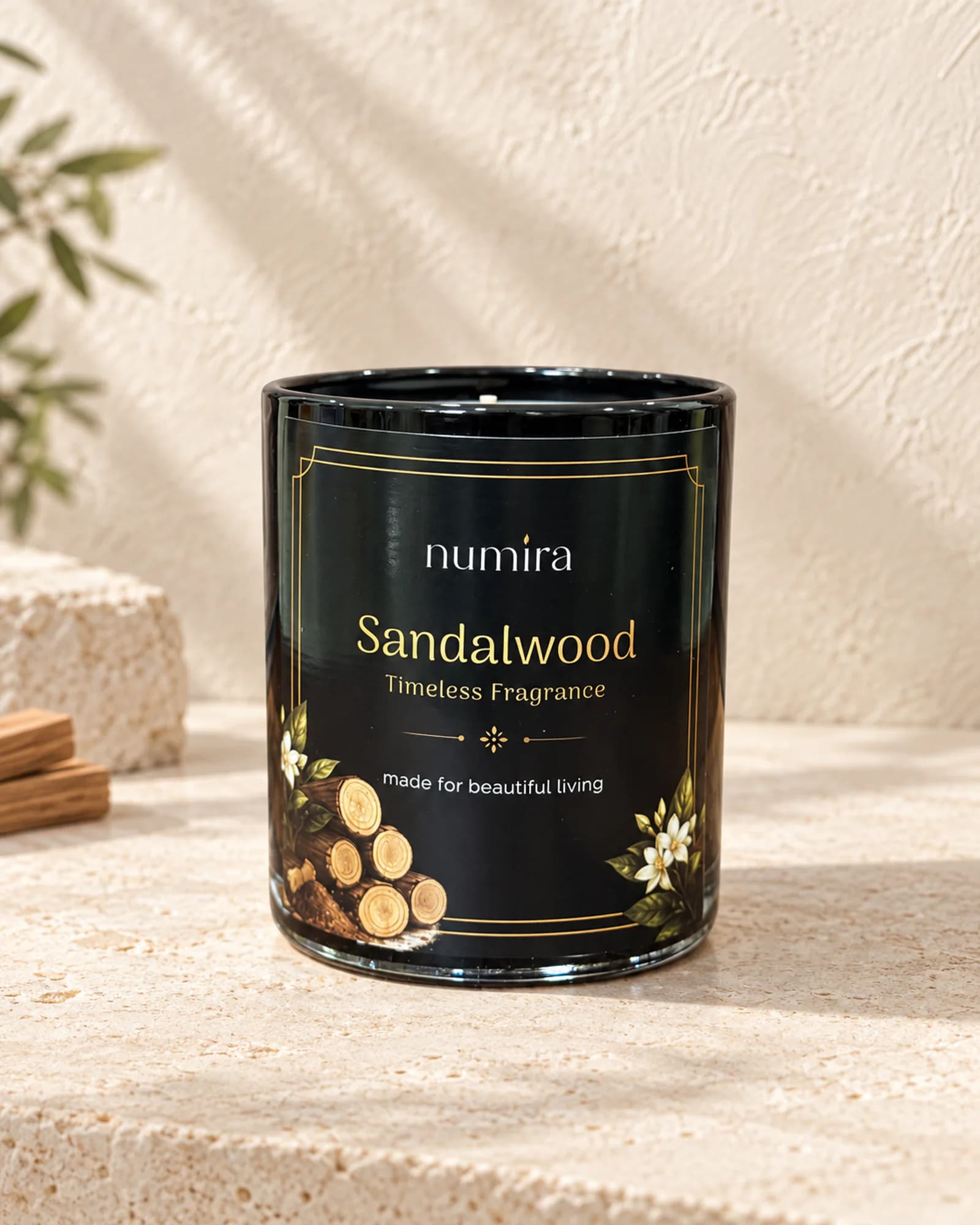 Sandalwood scented candle in black glass with a wood and white flower illustration on its label
