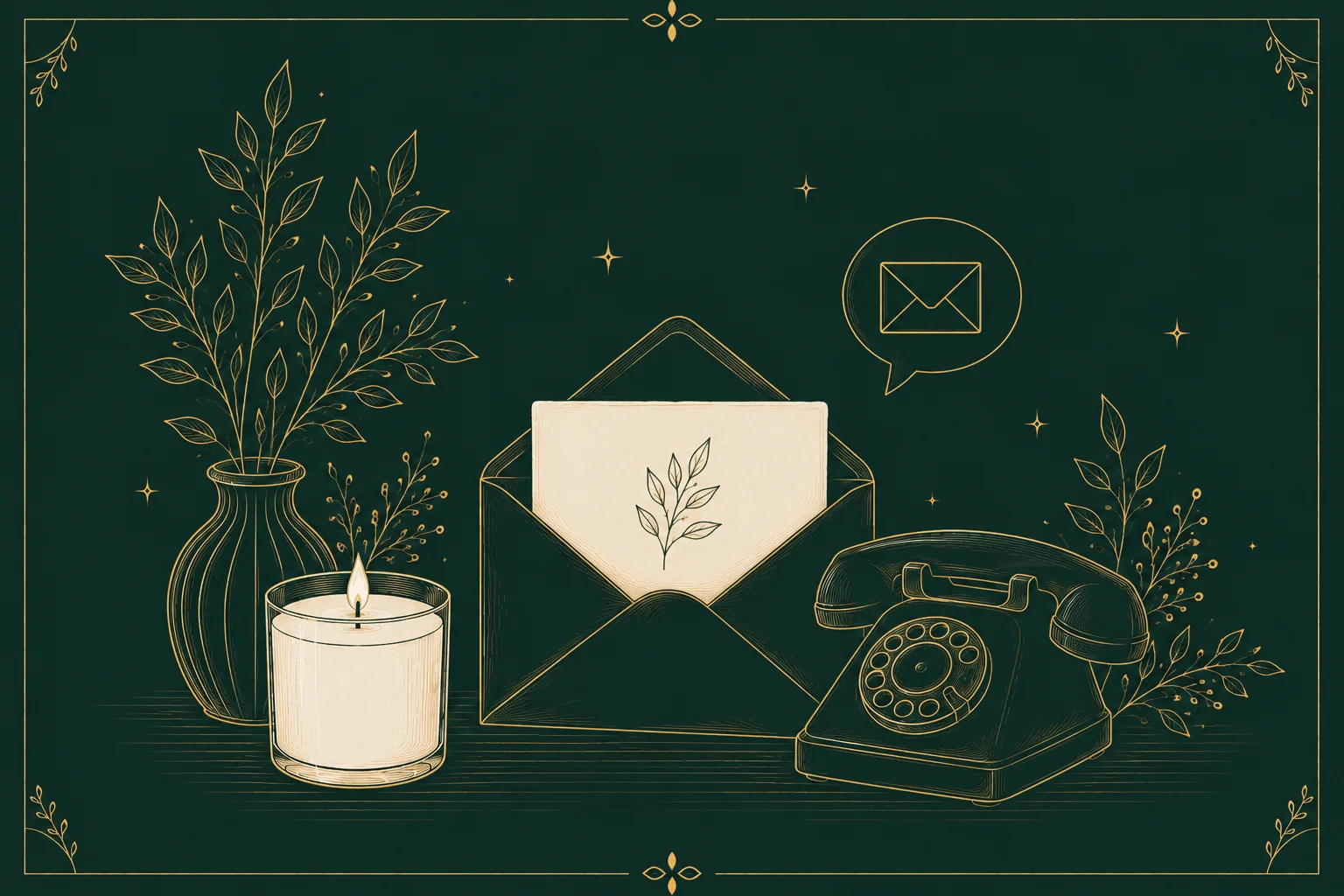 Illustration of a lit candle, open envelope and telephone for contacting Numira