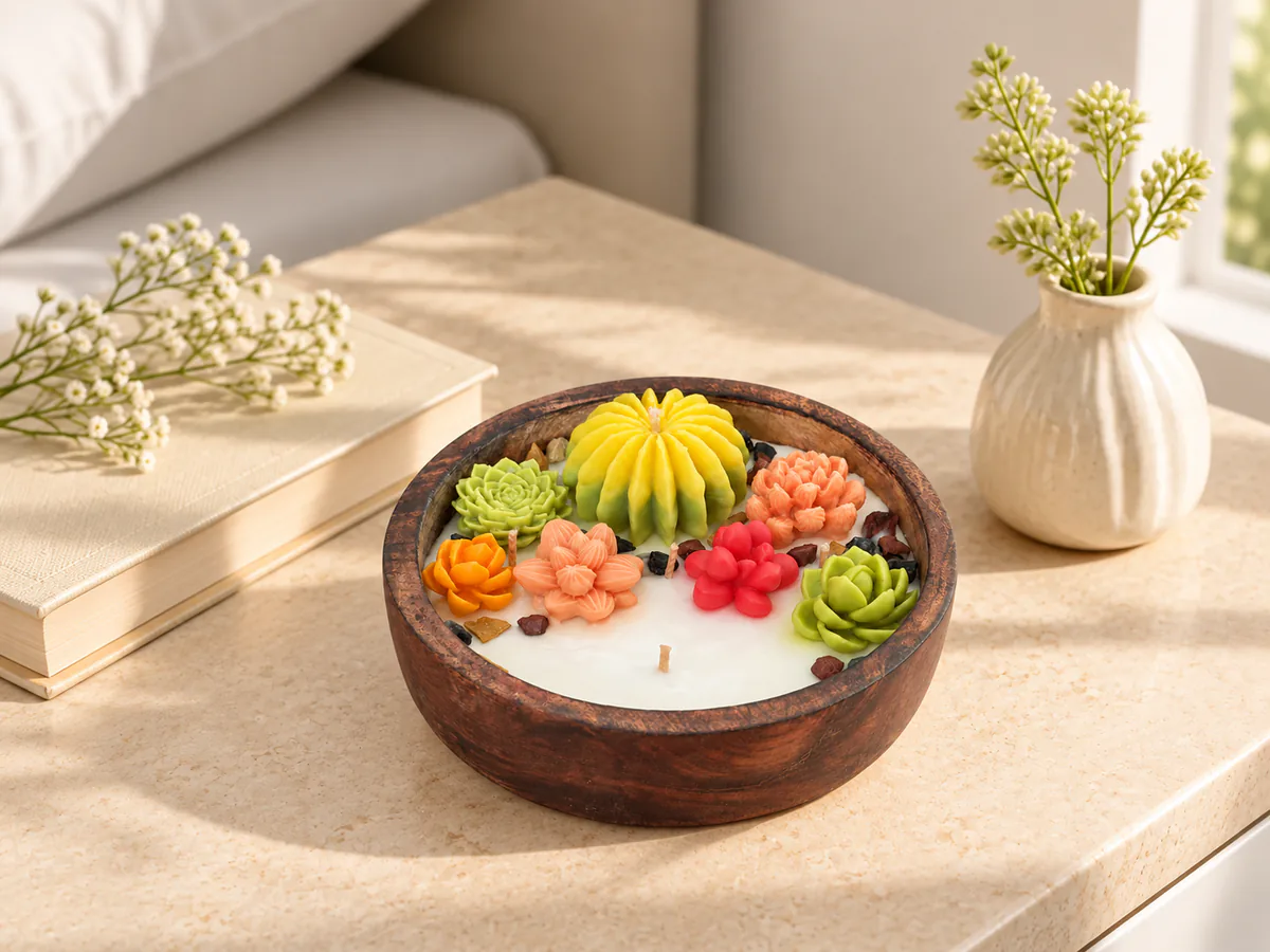 Desert Bloom gilli mitti candle in a wooden bowl with colourful floral and cactus details