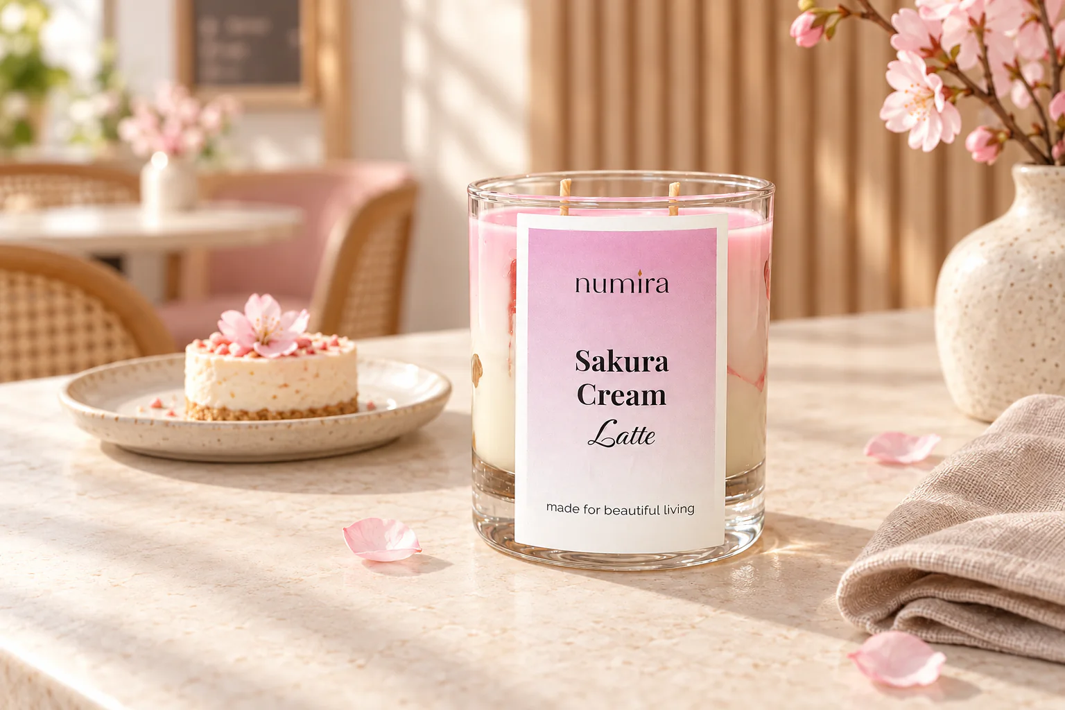 Sakura Cream Latte cherry blossom candle beside a cafe dessert in warm morning light