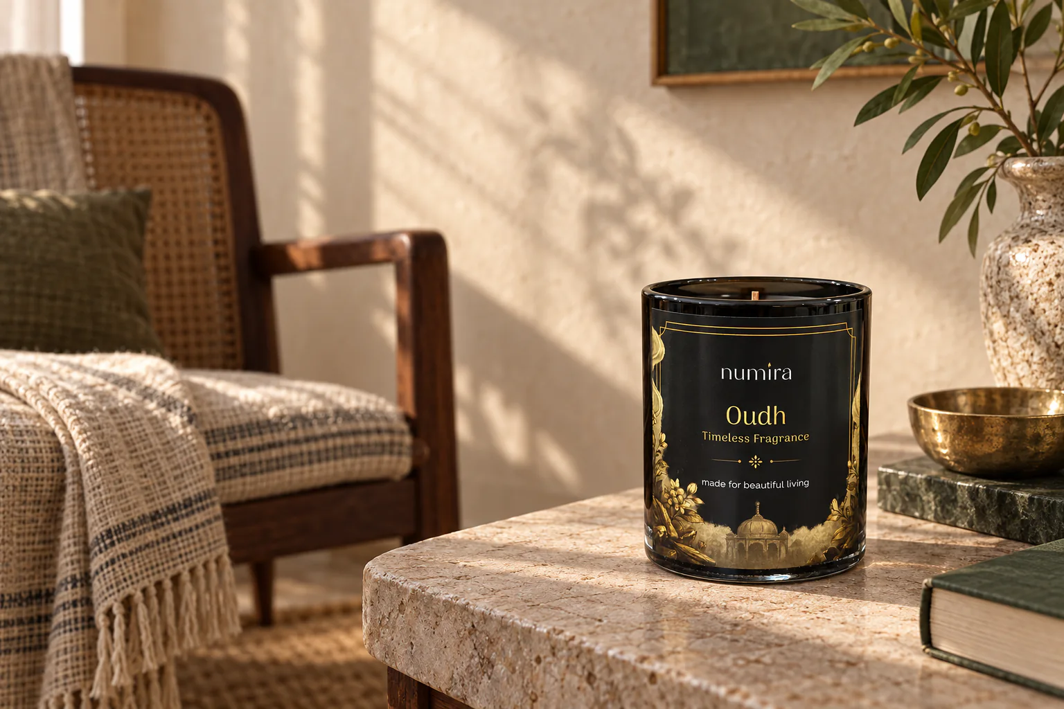 Oudh scented candle with a wooden wick in a sunlit reading corner