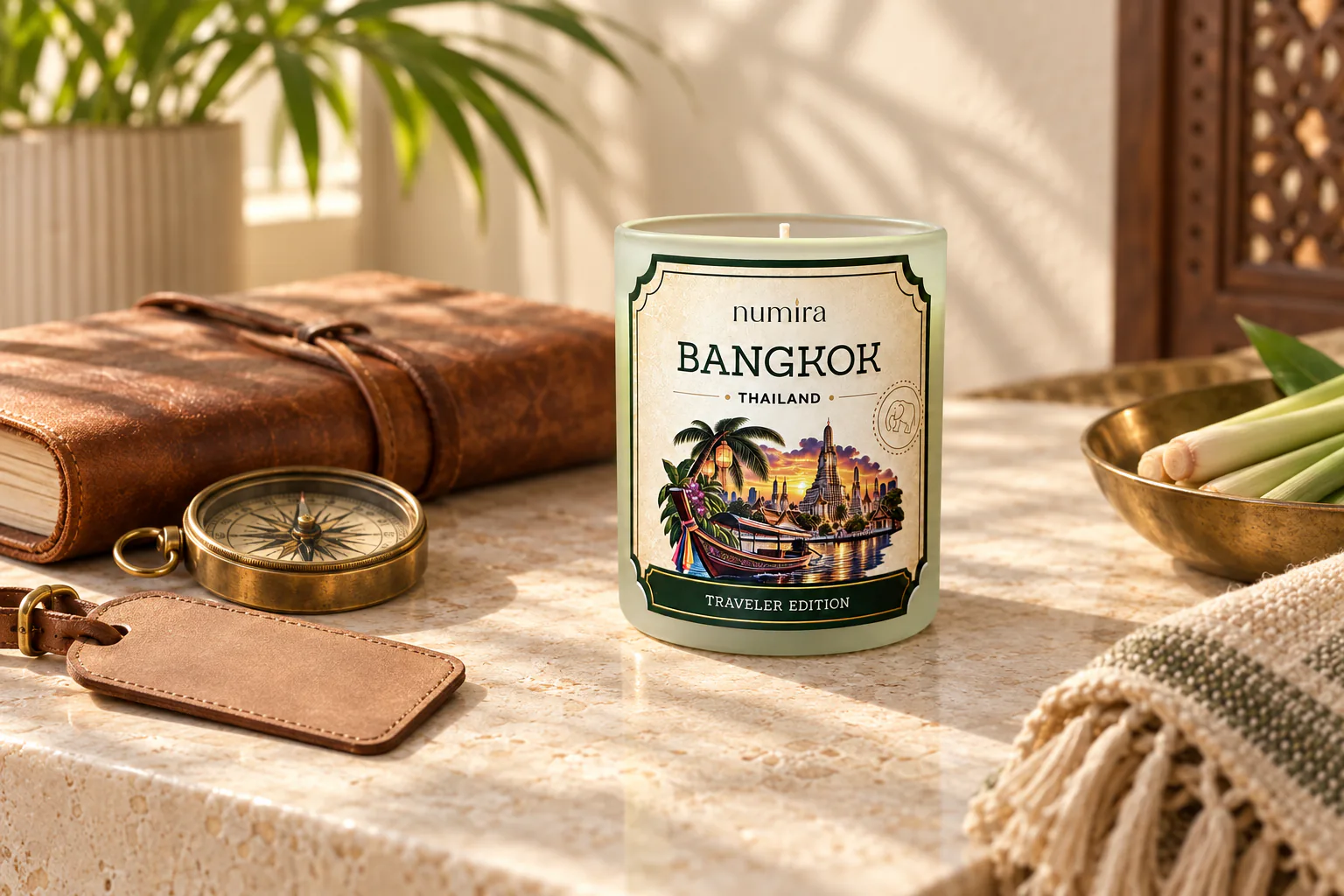 Bangkok lemongrass Traveler Edition candle beside a compass and leather travel journal
