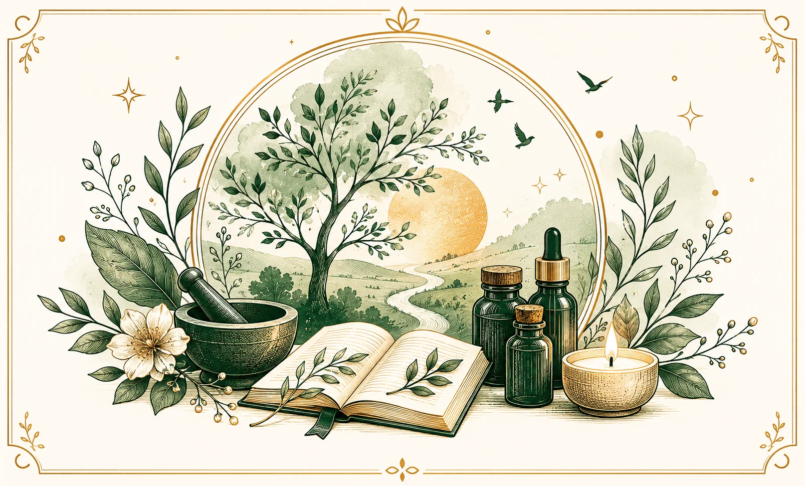 Botanical illustration of a lit candle, open book, fragrance bottles and a peaceful landscape