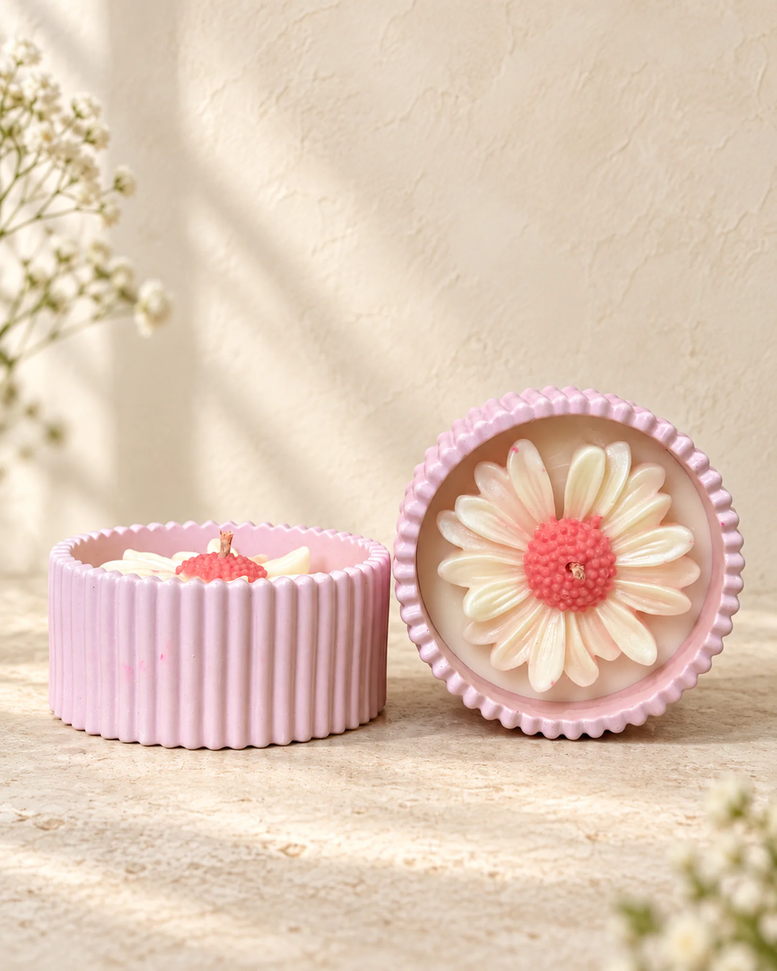 Daisy Glow Set with British rose-scented flower candles and blush pink eco-casting bases