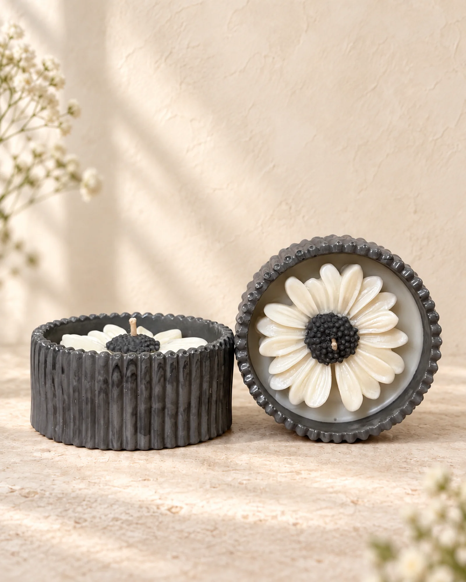 Daisy Glow Set with British rose-scented flower candles and charcoal grey eco-casting bases