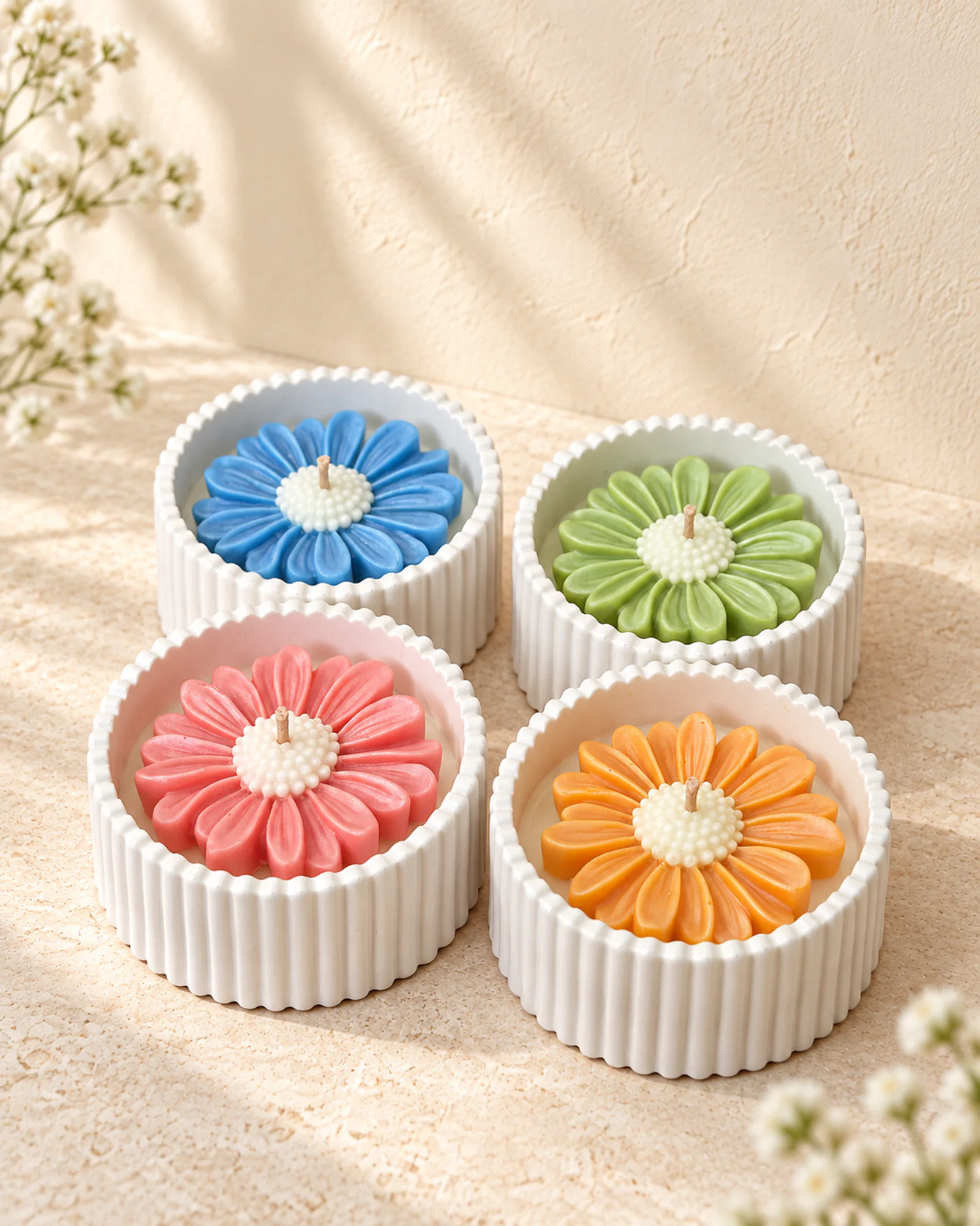Daisy Glow Set shown in white, charcoal grey, warm yellow and blush pink base colours