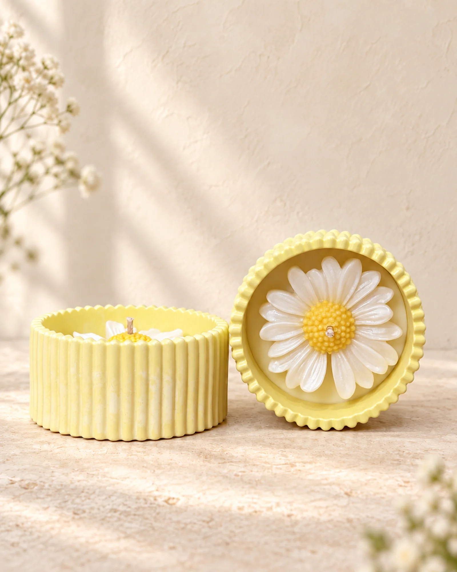 Daisy Glow Set with British rose-scented flower candles and warm yellow eco-casting bases