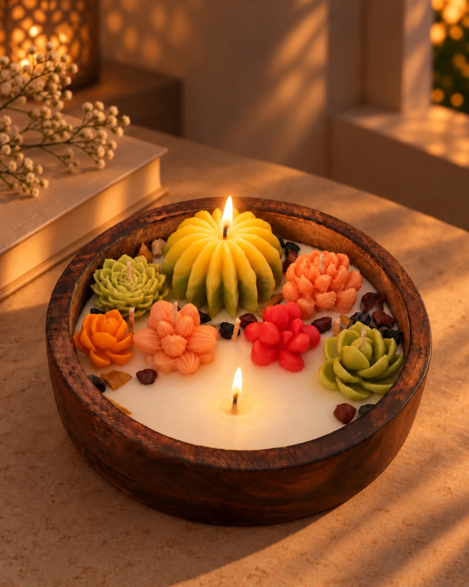 Desert Bloom gilli mitti scented candle lit in a wooden bowl with floral and cactus details