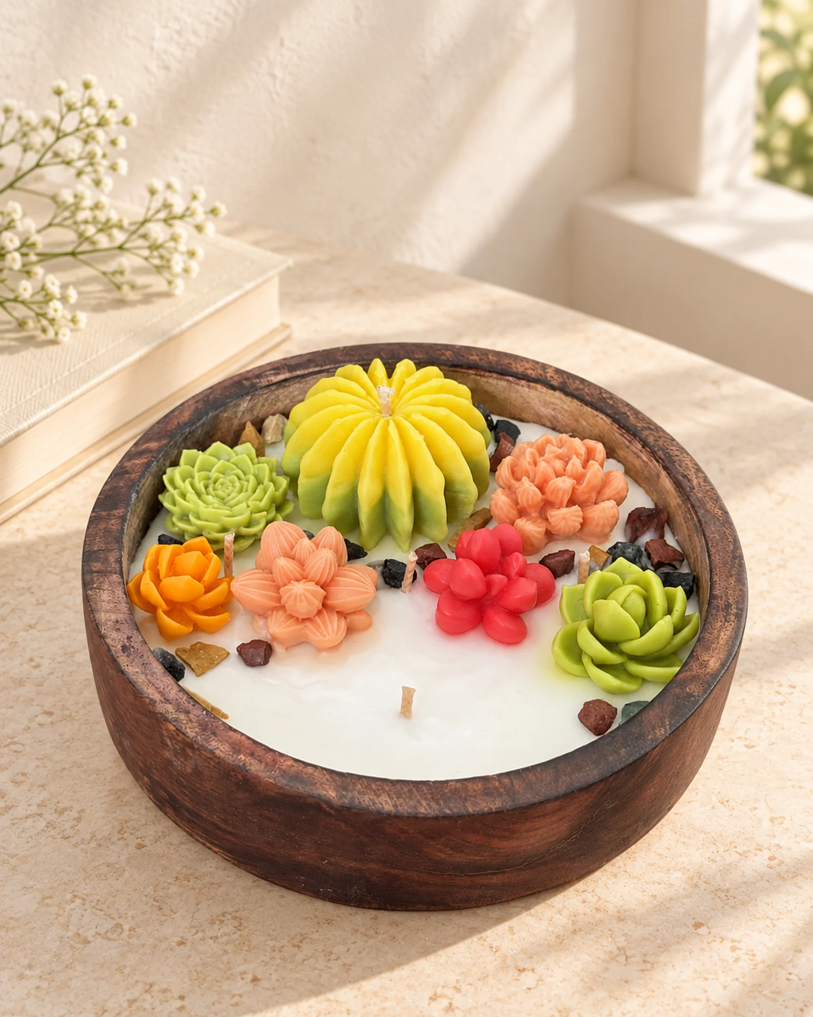 Desert Bloom gilli mitti scented candle in a wooden bowl with floral and cactus details