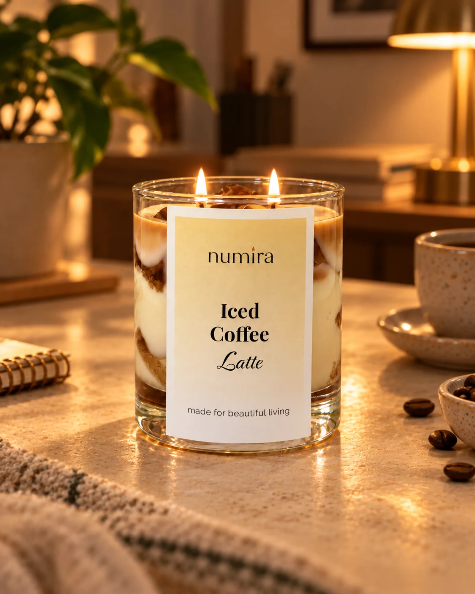 Iced Coffee Latte coffee scented candle lit in a warm lifestyle setting