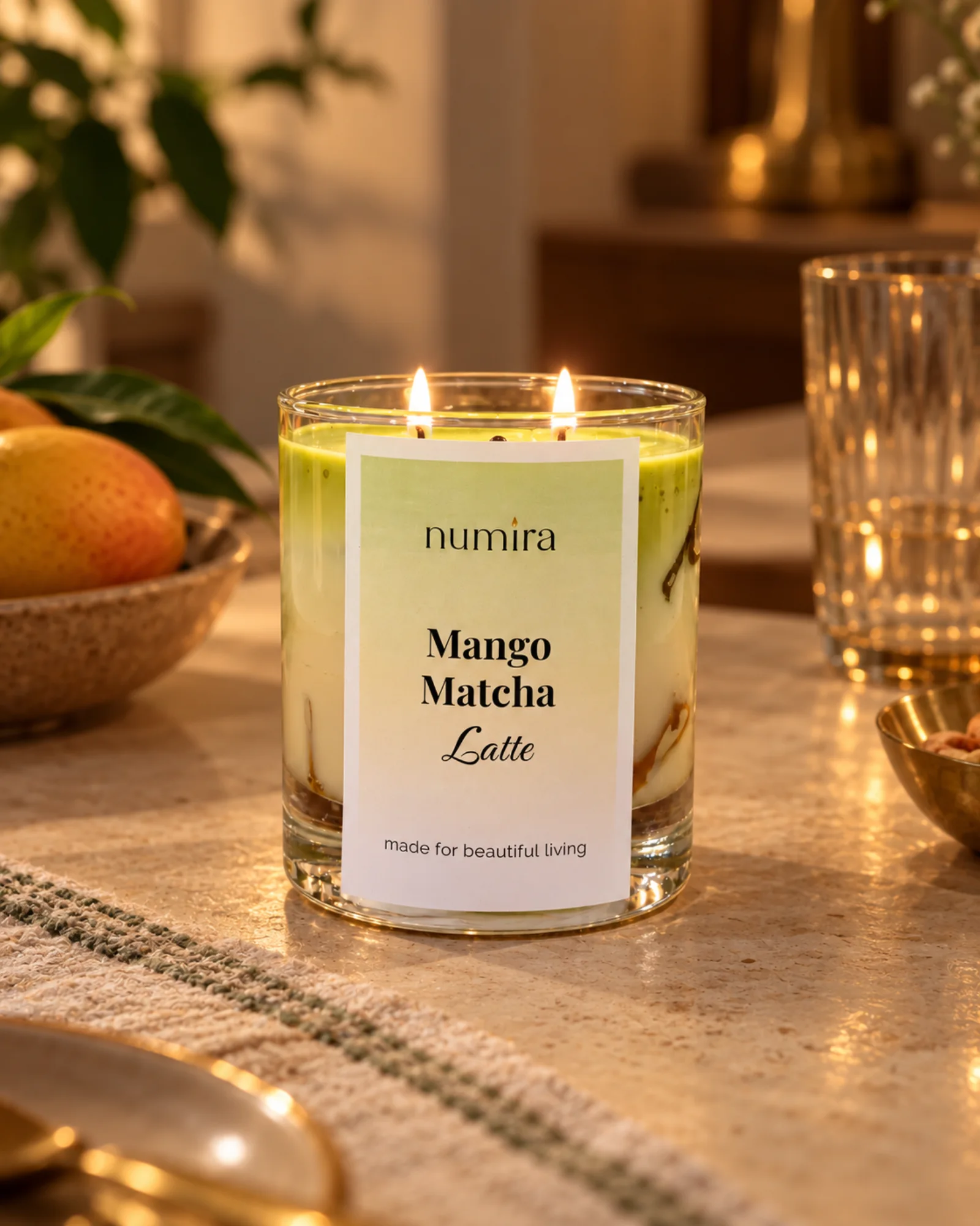 Mango Matcha Latte mango scented candle lit in a warm lifestyle setting