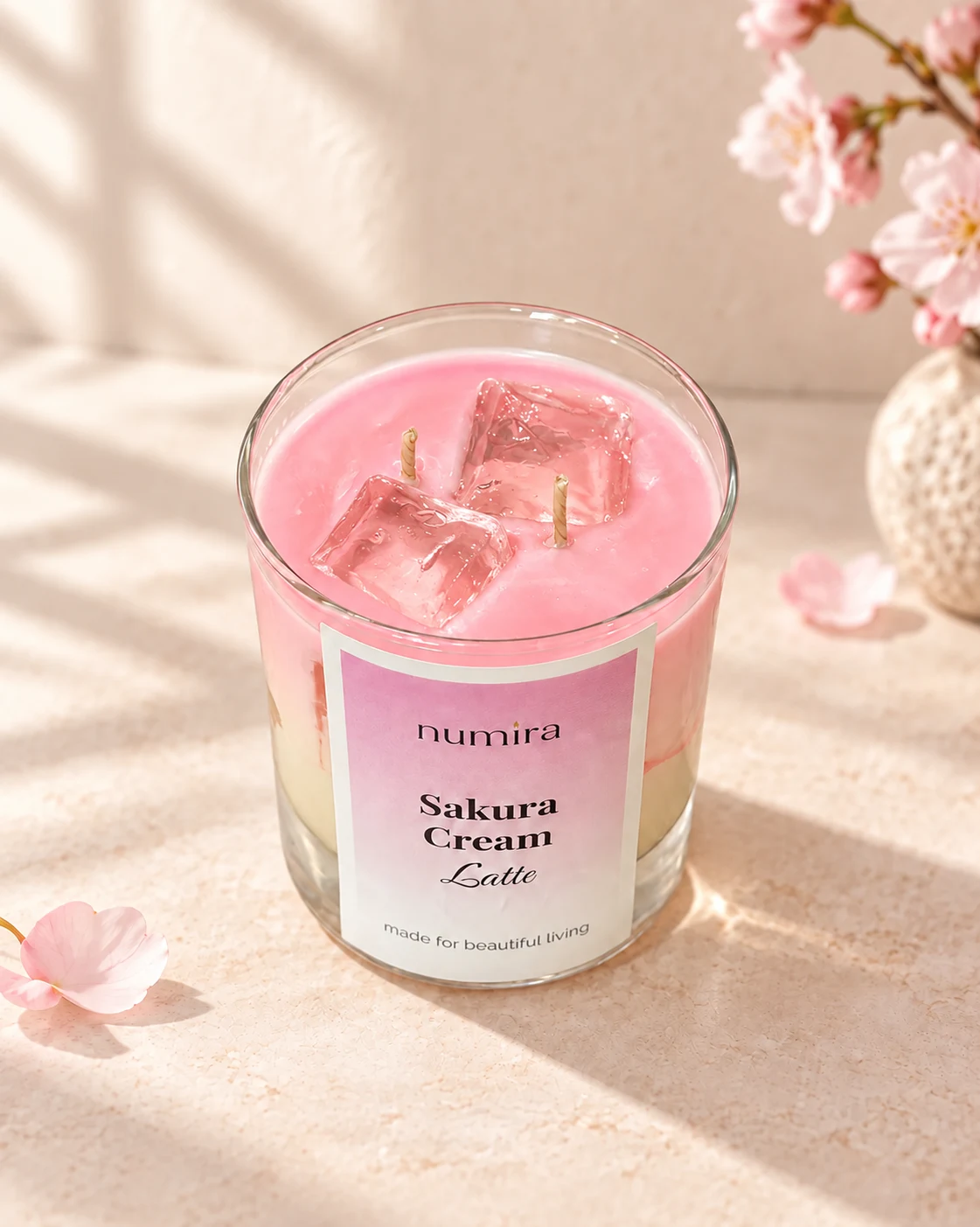 Sakura Cream Latte cherry blossom scented candle viewed from above with two translucent gel cubes