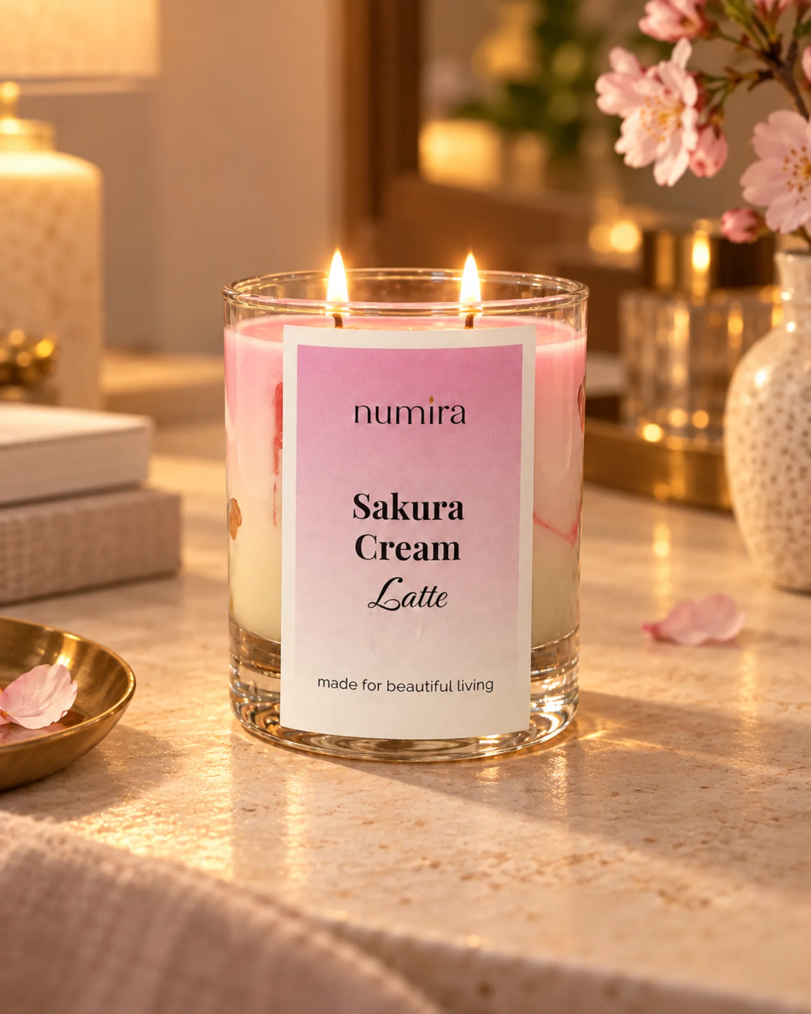 Sakura Cream Latte cherry blossom scented candle lit in a warm lifestyle setting