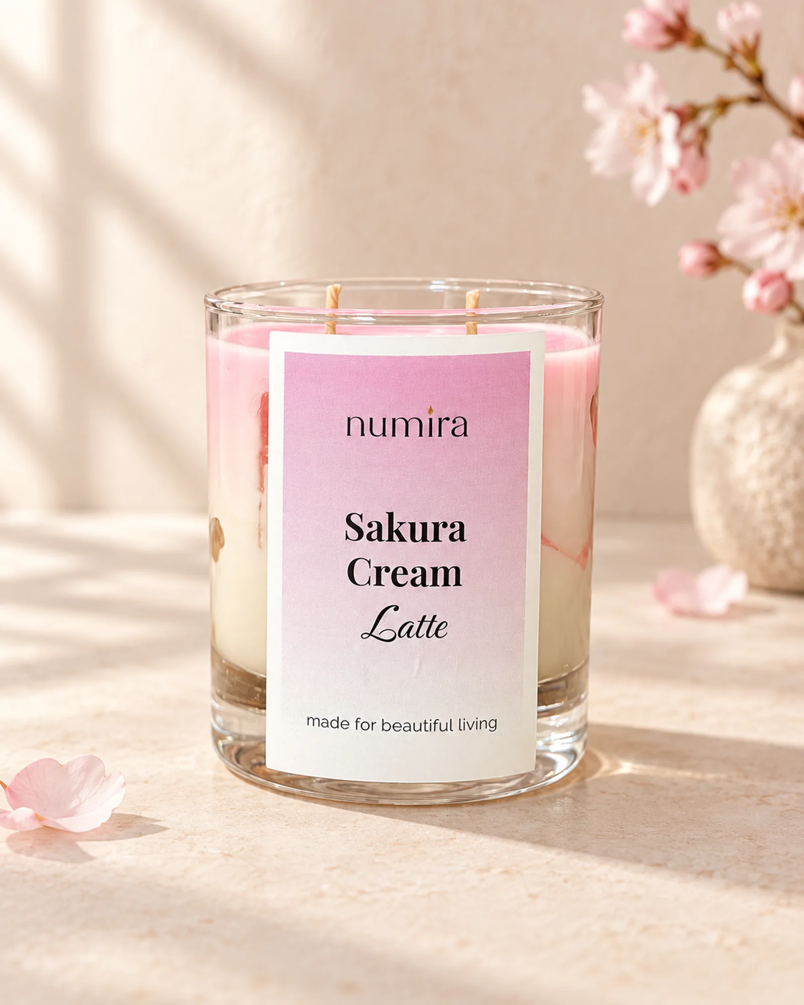 Sakura Cream Latte cherry blossom scented candle in a clear glass jar