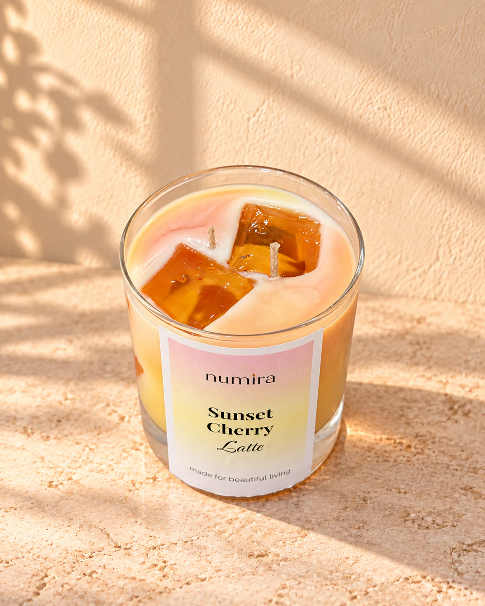 Sunset Cherry Latte tropical scented candle viewed from above
