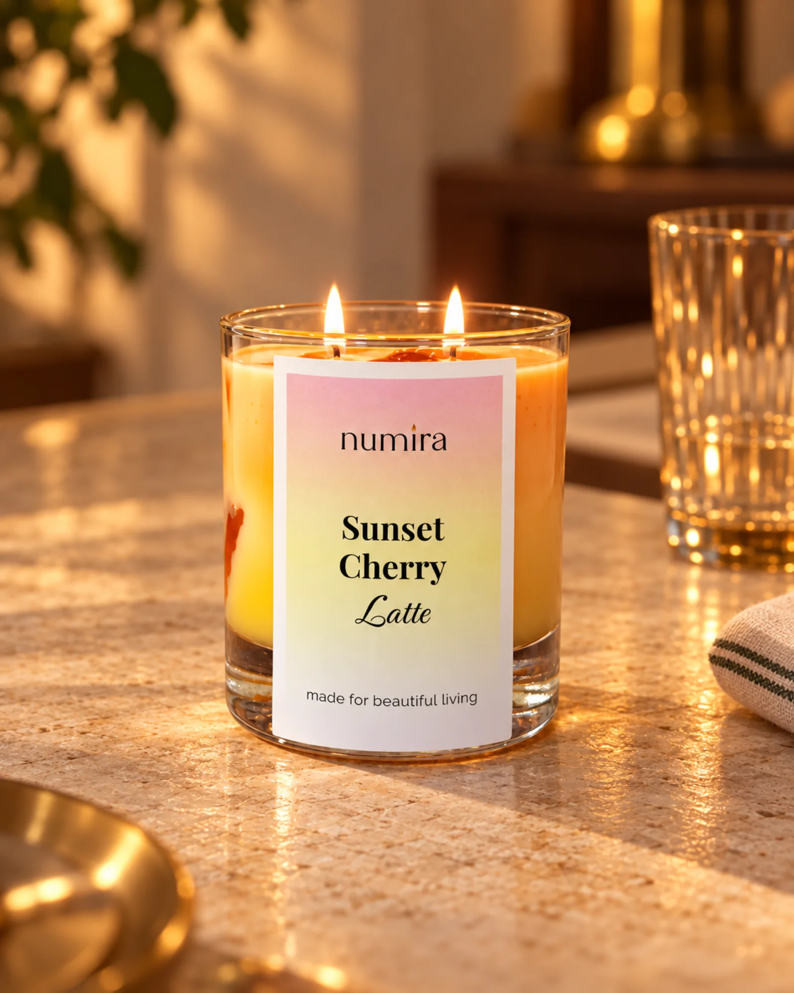 Sunset Cherry Latte tropical scented candle lit in a warm lifestyle setting