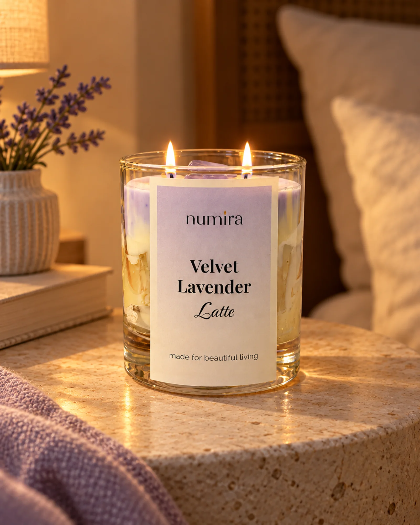 Velvet Lavender Latte lavender scented candle lit in a warm lifestyle setting
