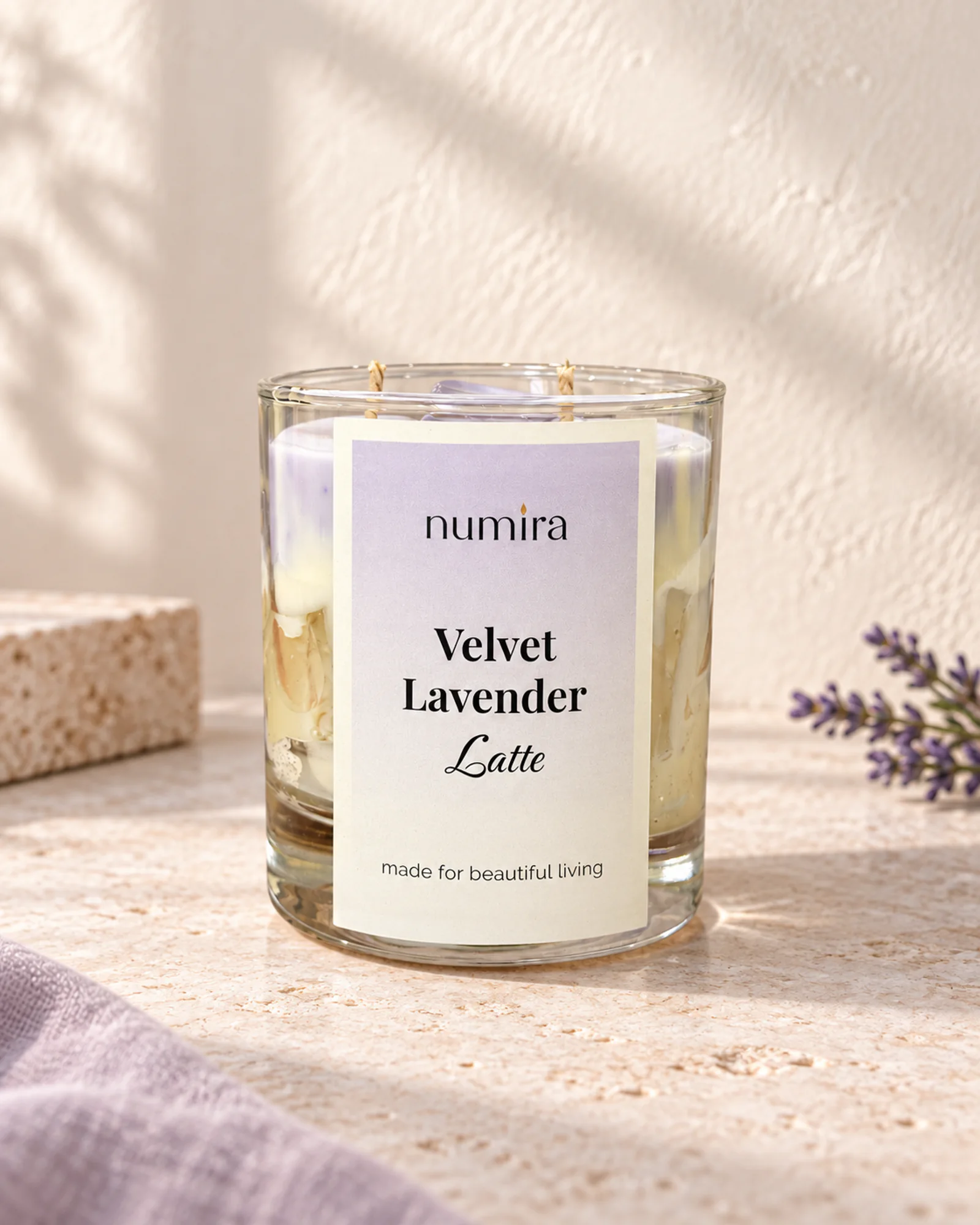 Velvet Lavender Latte lavender scented candle in a clear glass jar