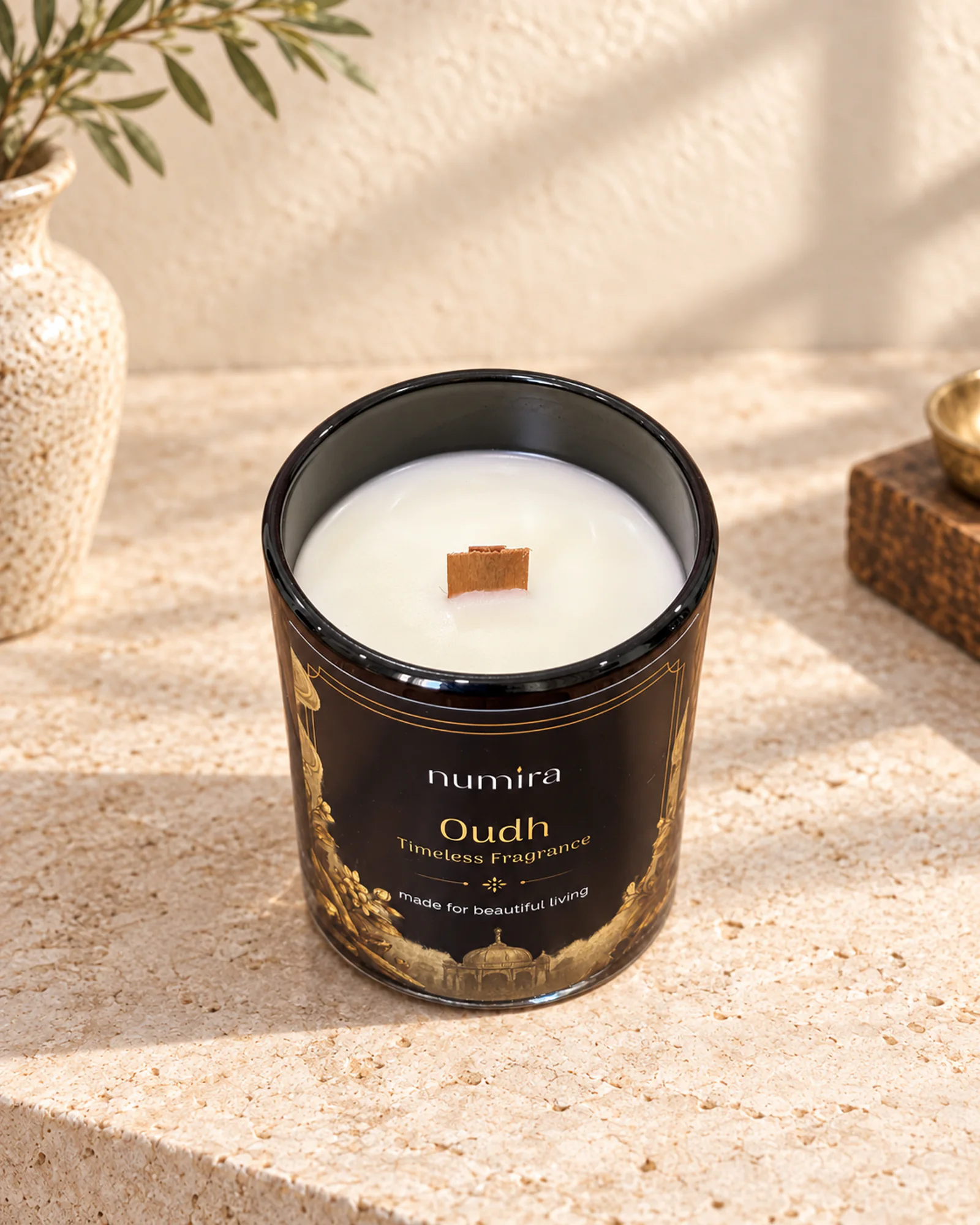Oudh scented candle viewed from above
