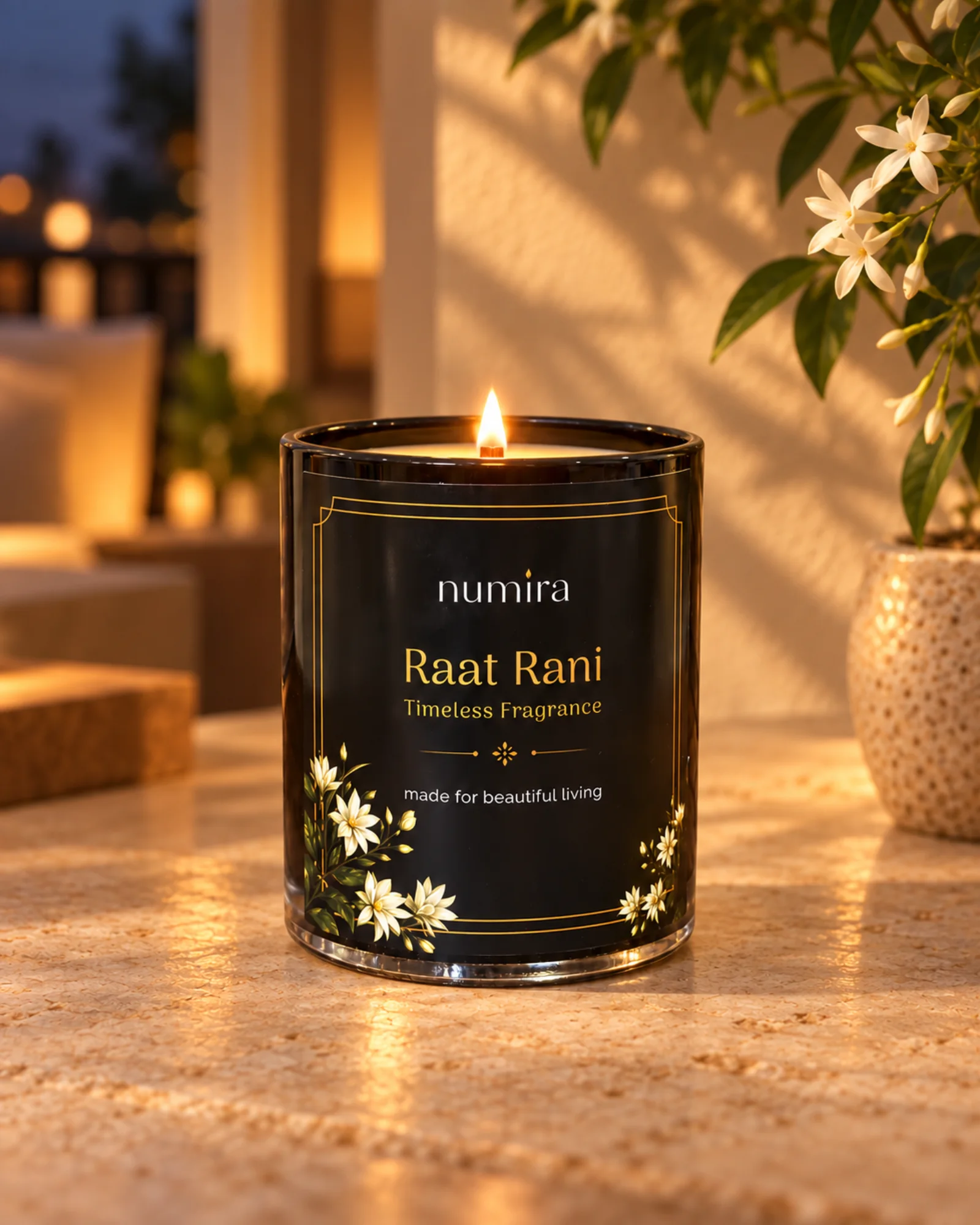 Raat Rani scented candle lit in a warm lifestyle setting