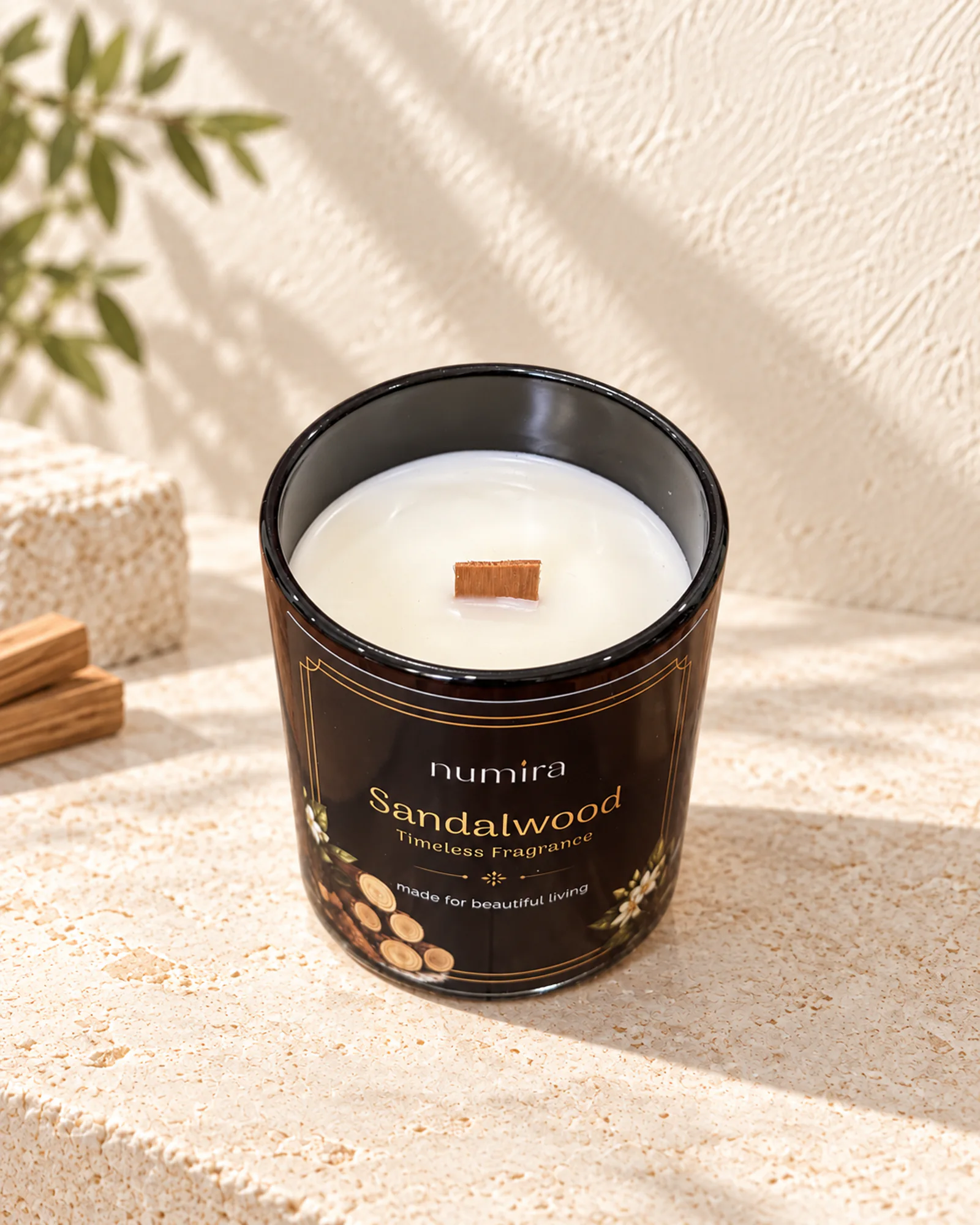 Sandalwood scented candle viewed from above