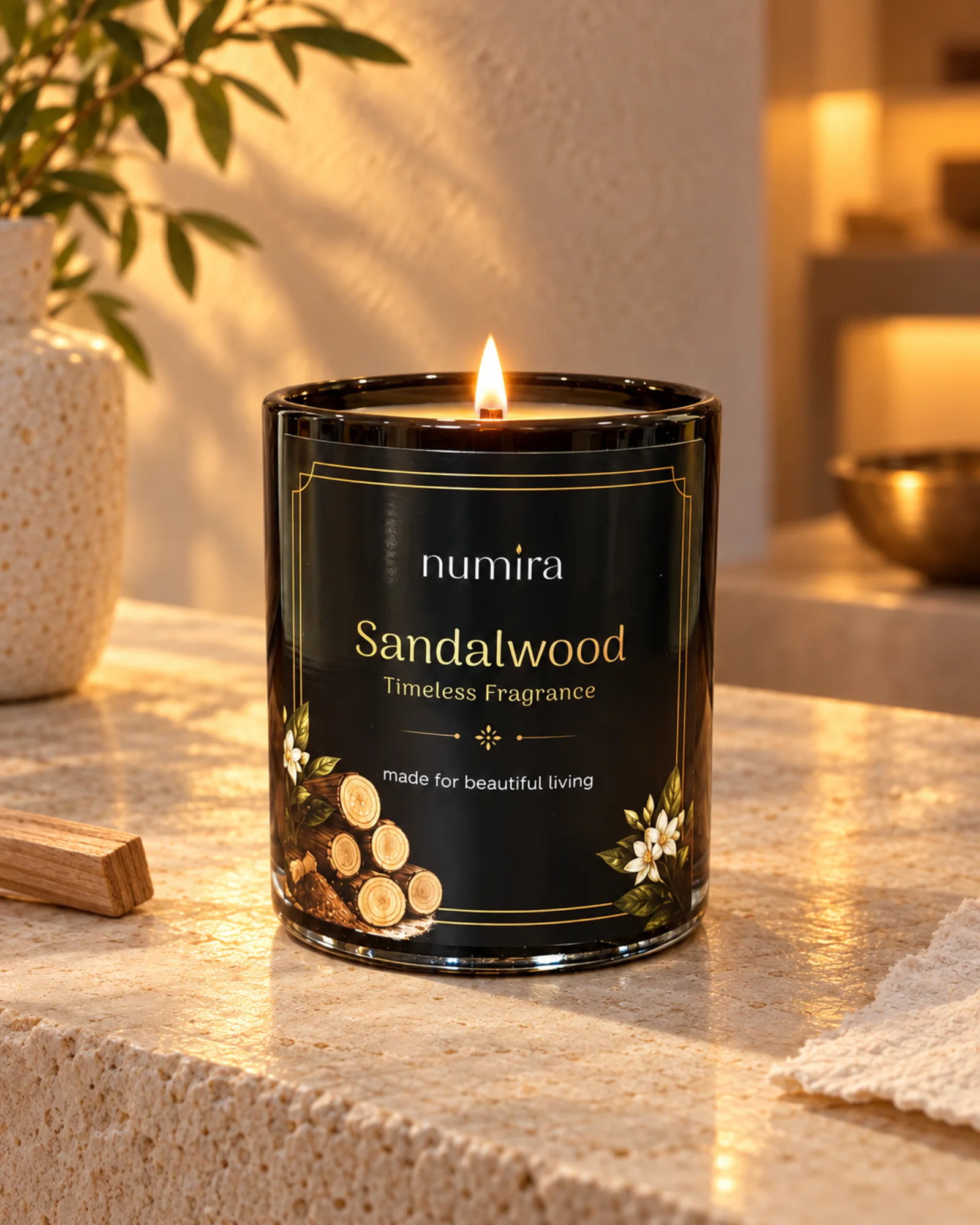 Sandalwood scented candle lit in a warm lifestyle setting