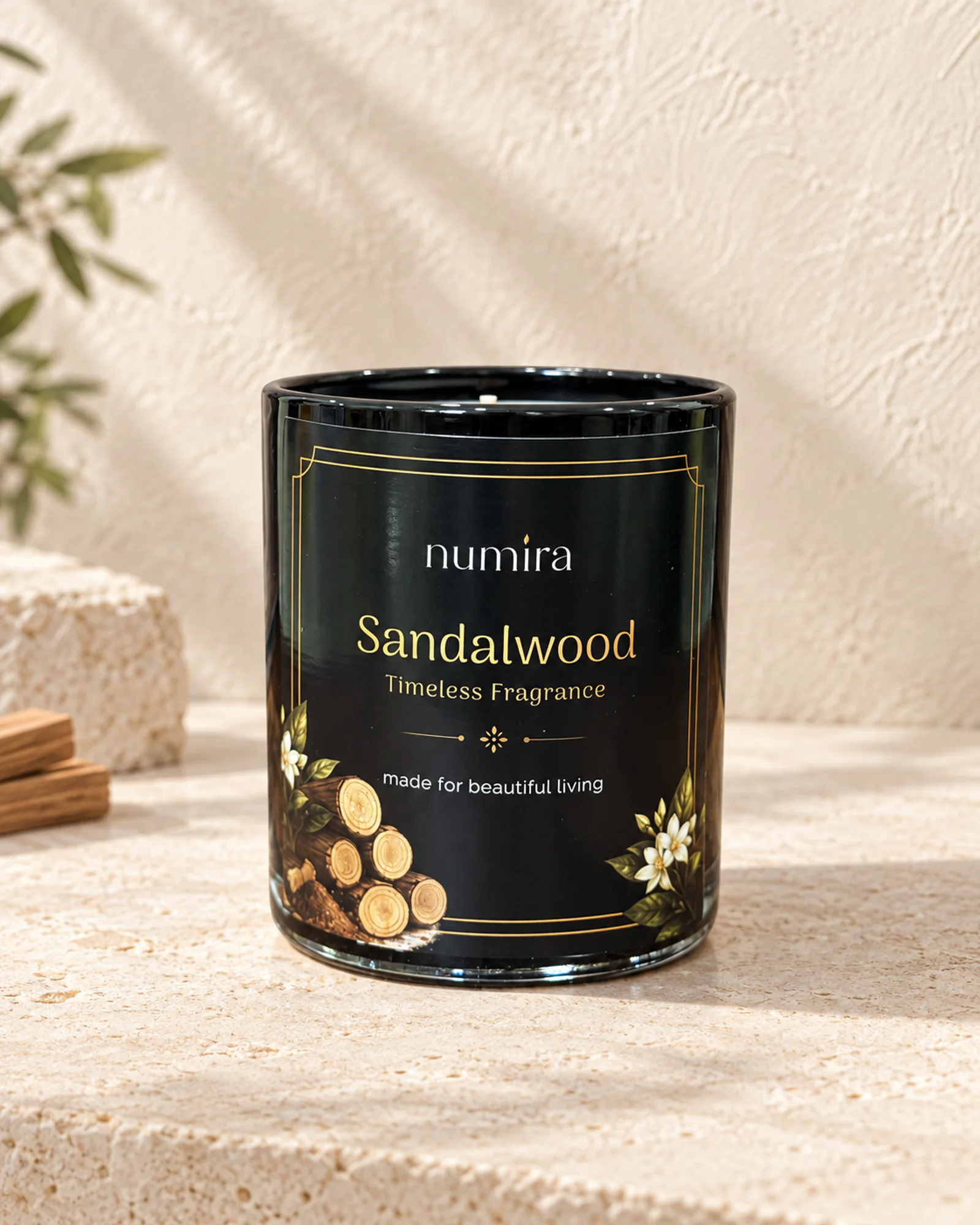 Sandalwood scented candle in a glossy black glass jar