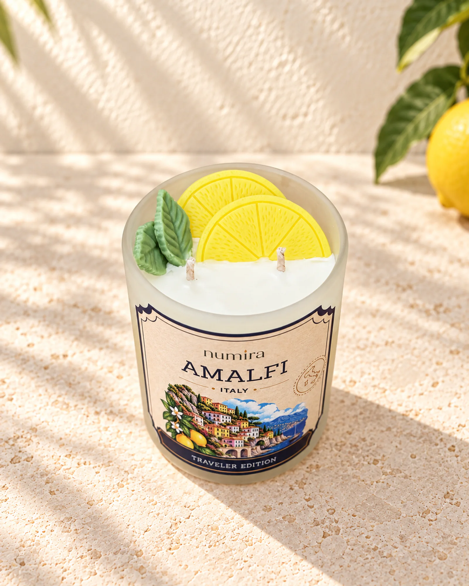 Amalfi, Italy lemon scented candle viewed from above