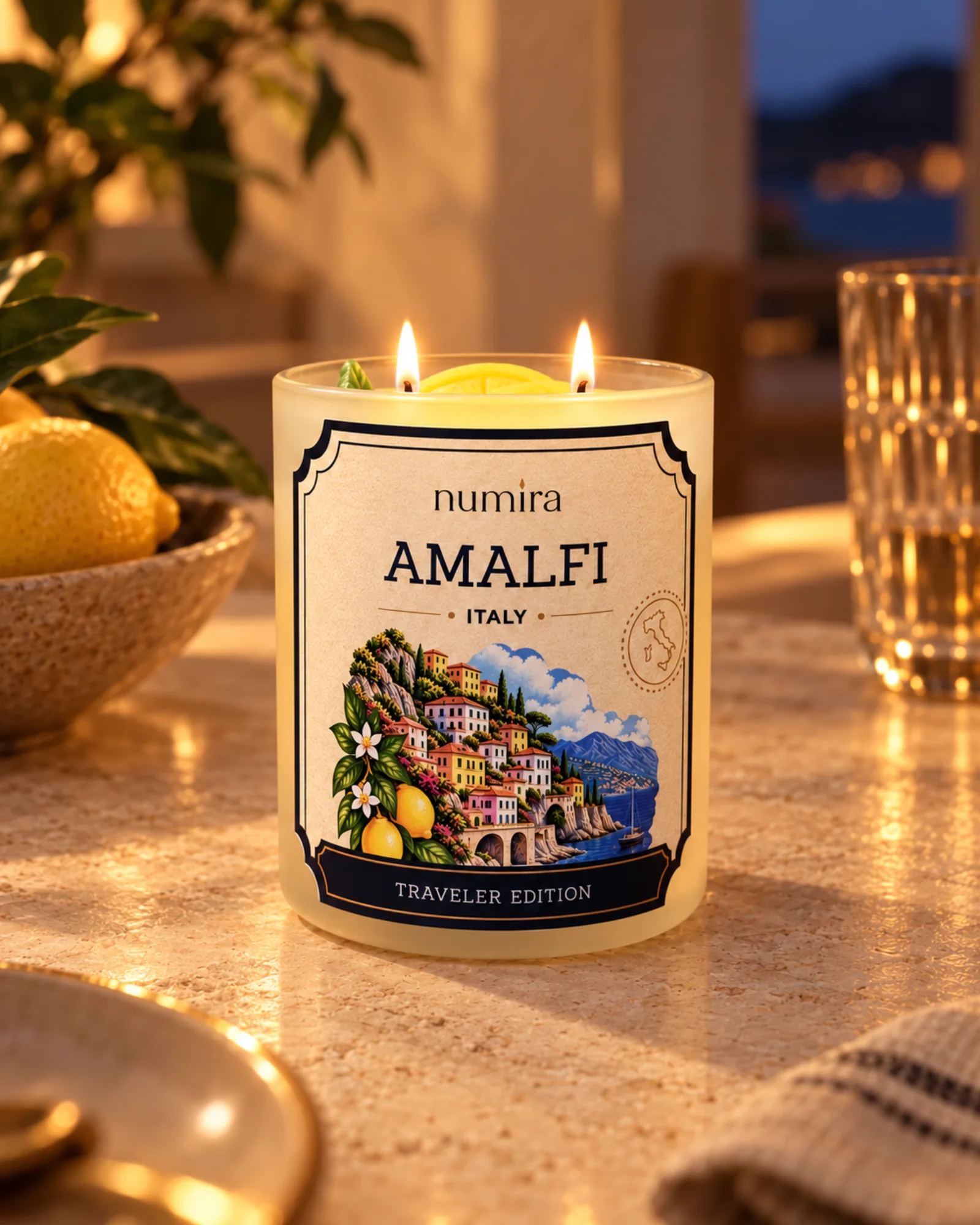 Amalfi, Italy lemon scented candle lit in a warm lifestyle setting