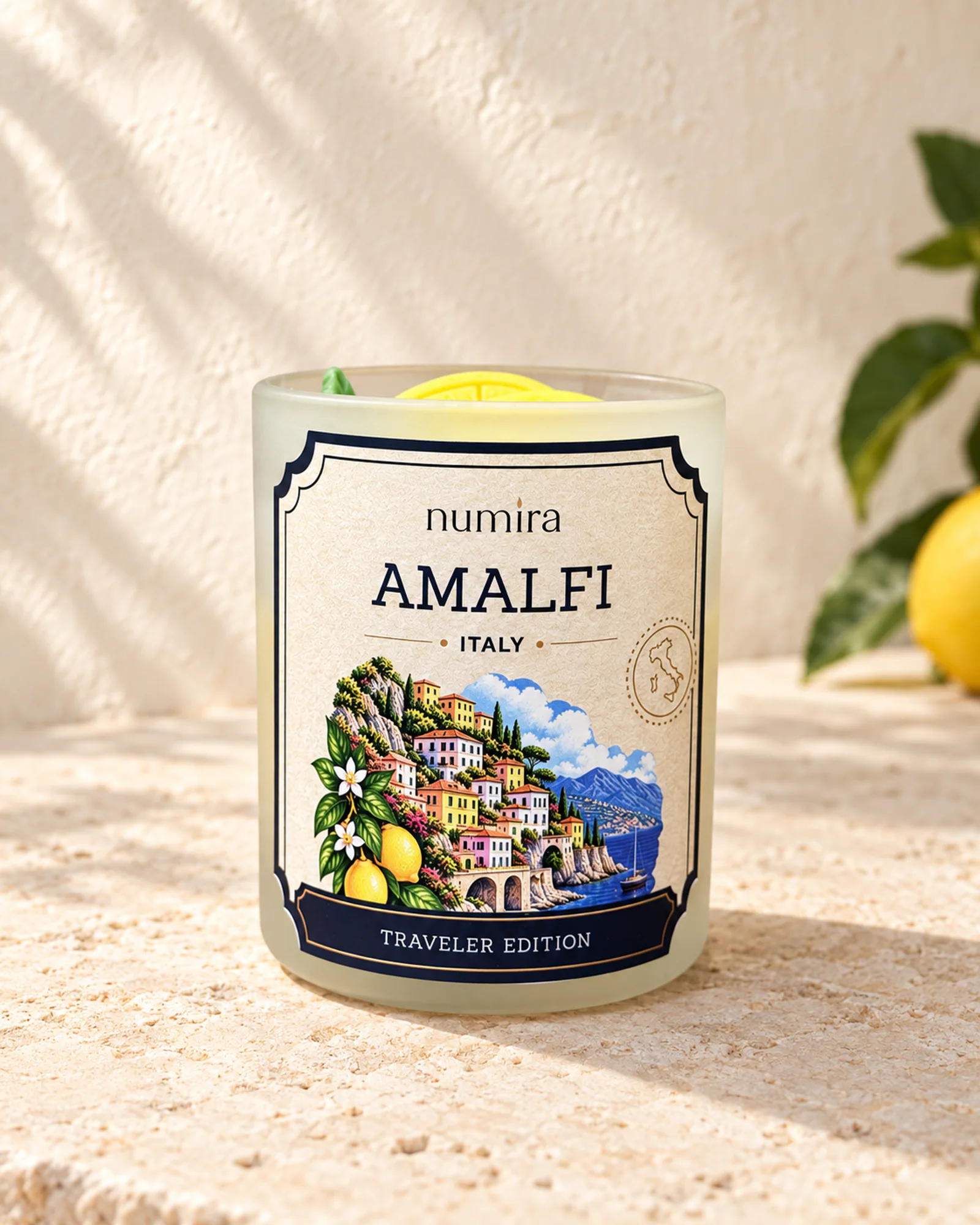 Amalfi, Italy lemon scented candle in a white frosted glass jar