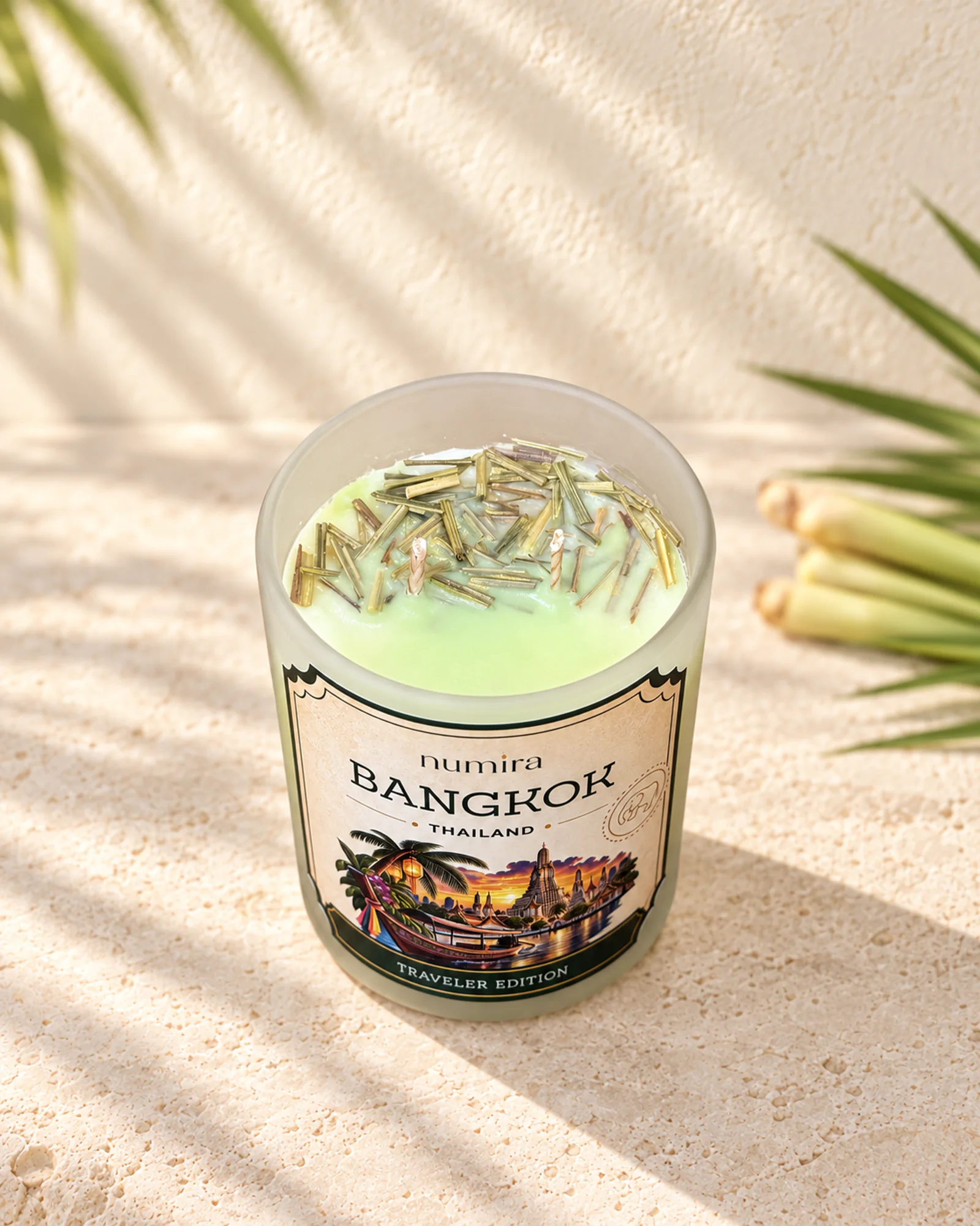 Bangkok, Thailand lemongrass scented candle viewed from above