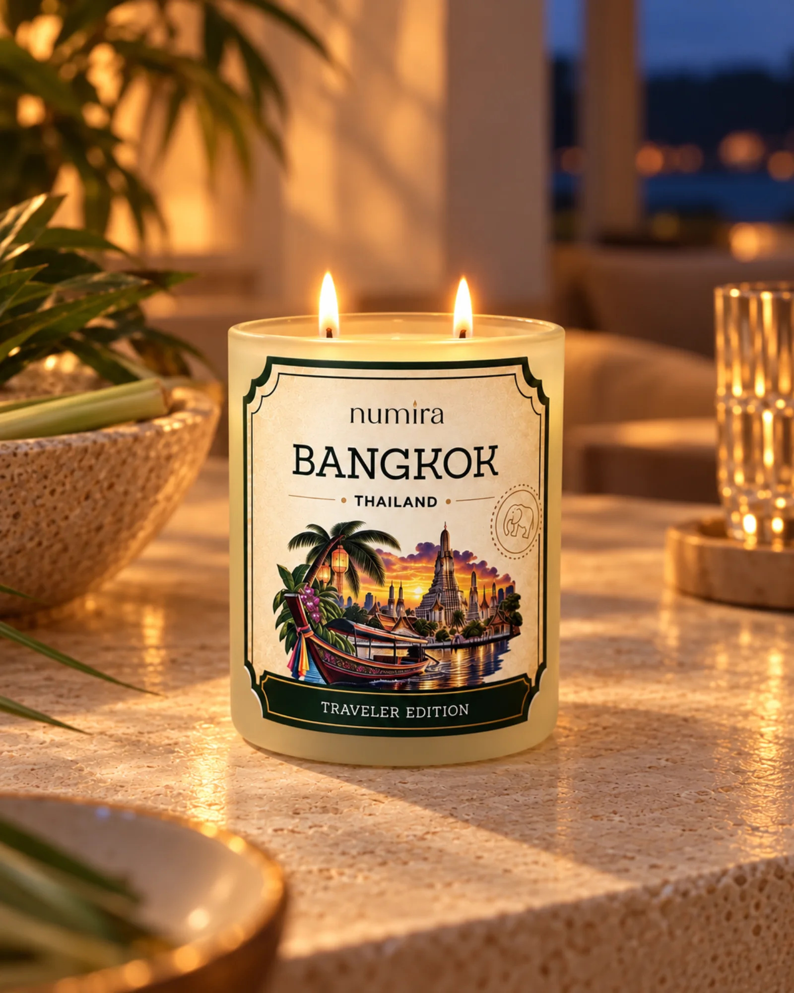 Bangkok, Thailand lemongrass scented candle lit in a warm lifestyle setting