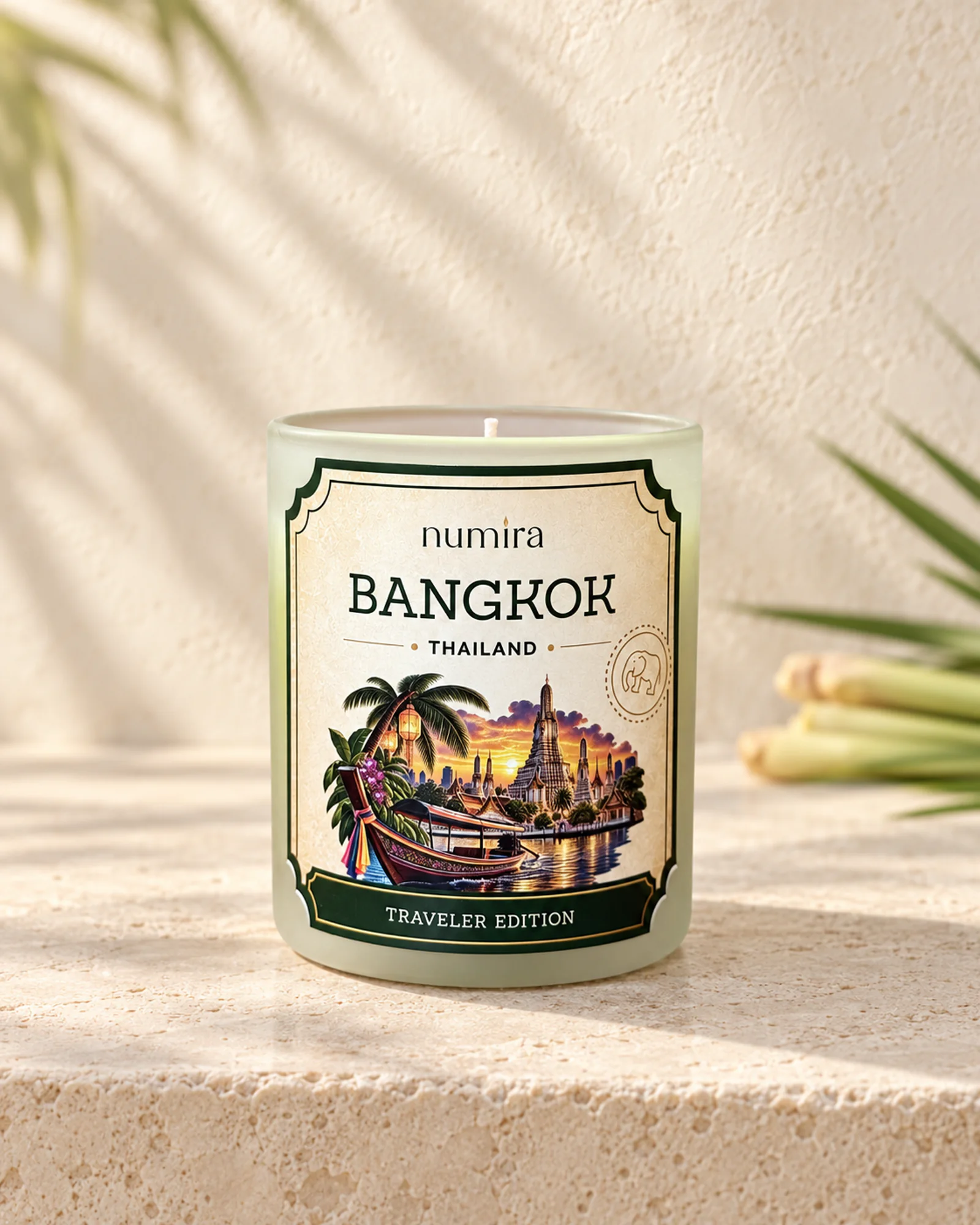 Bangkok, Thailand lemongrass scented candle in a white frosted glass jar