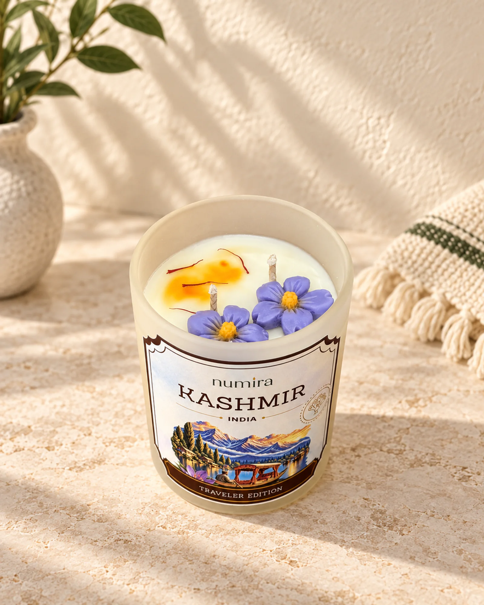 Kashmir, India saffron scented candle viewed from above