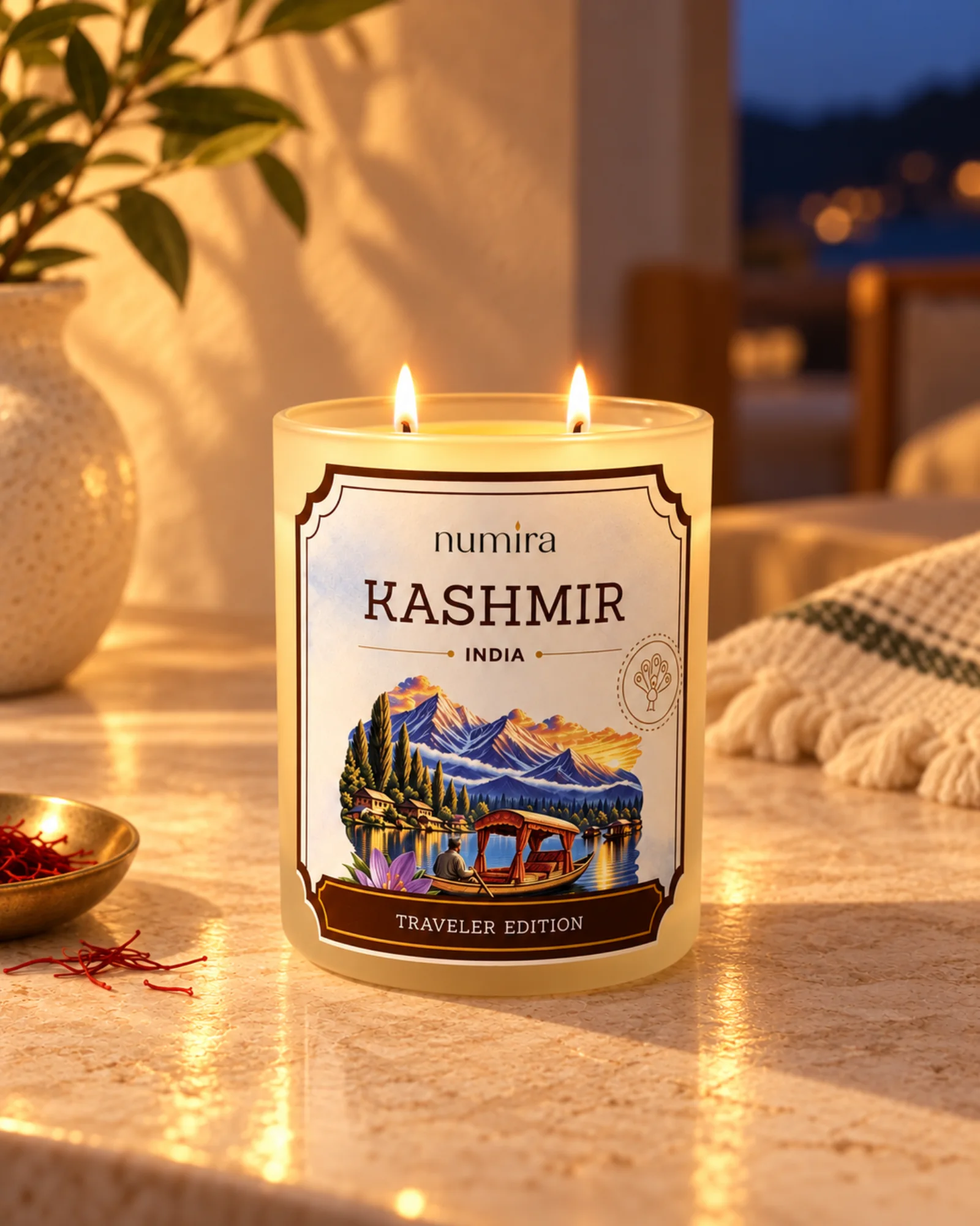 Kashmir, India saffron scented candle lit in a warm lifestyle setting