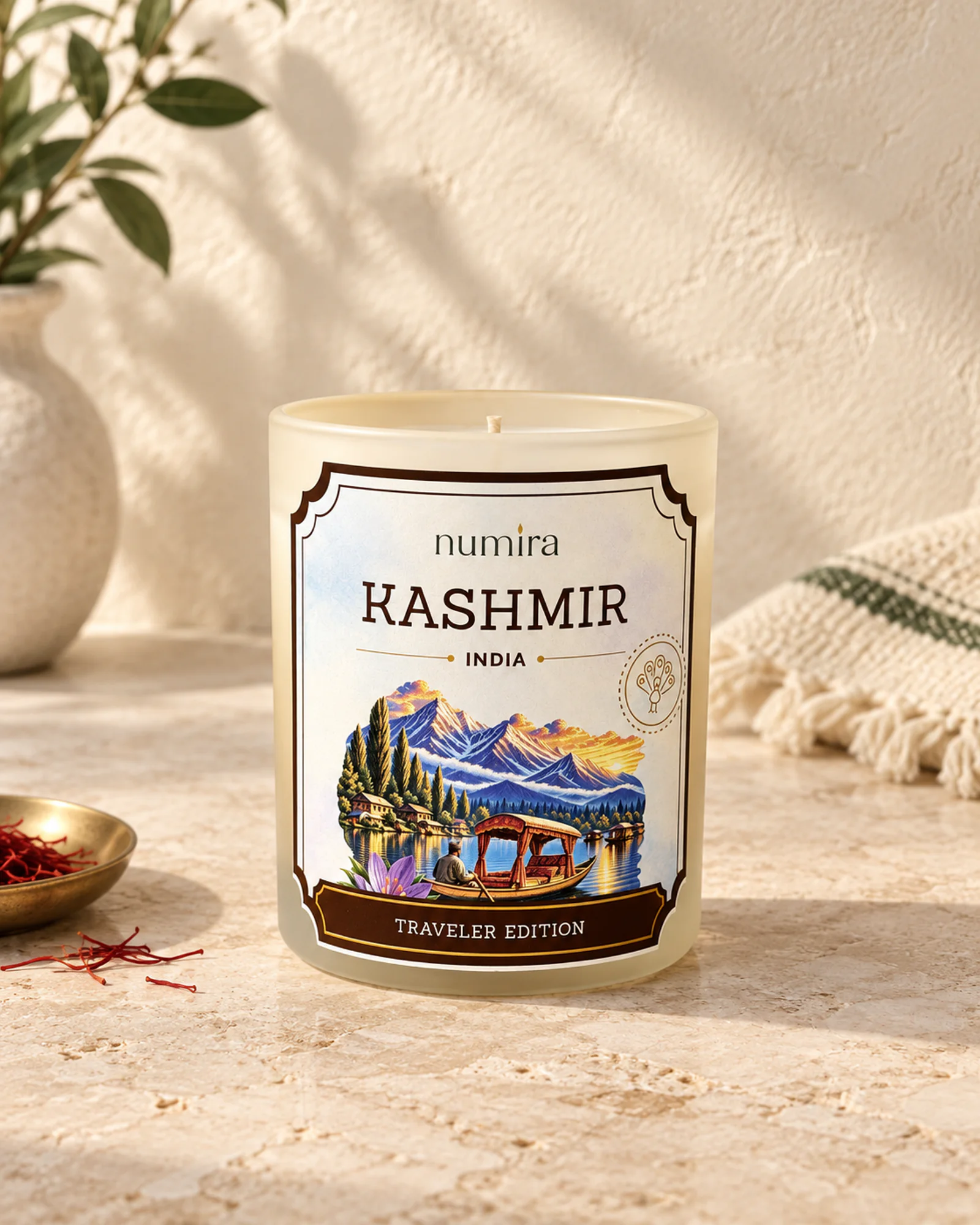 Kashmir, India saffron scented candle in a white frosted glass jar