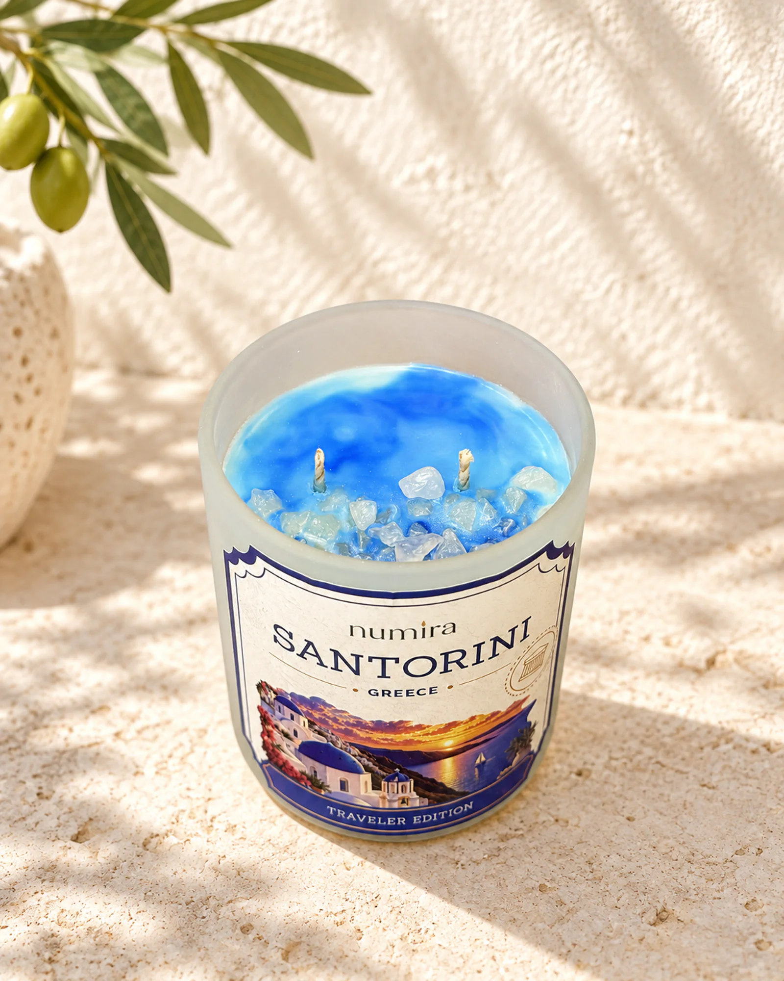 Santorini, Greece sea salt scented candle viewed from above