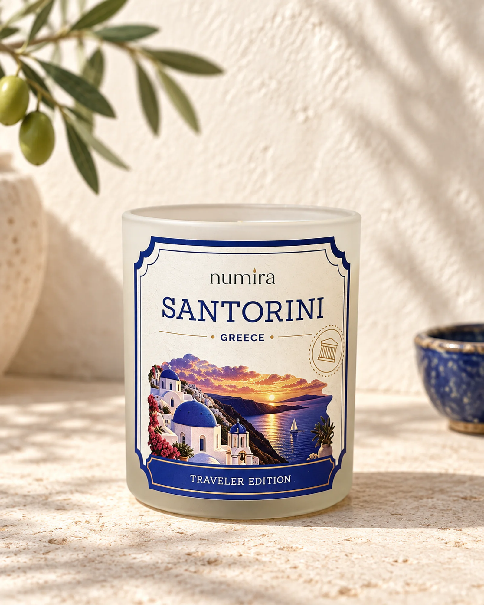 Santorini, Greece sea salt scented candle in a white frosted glass jar