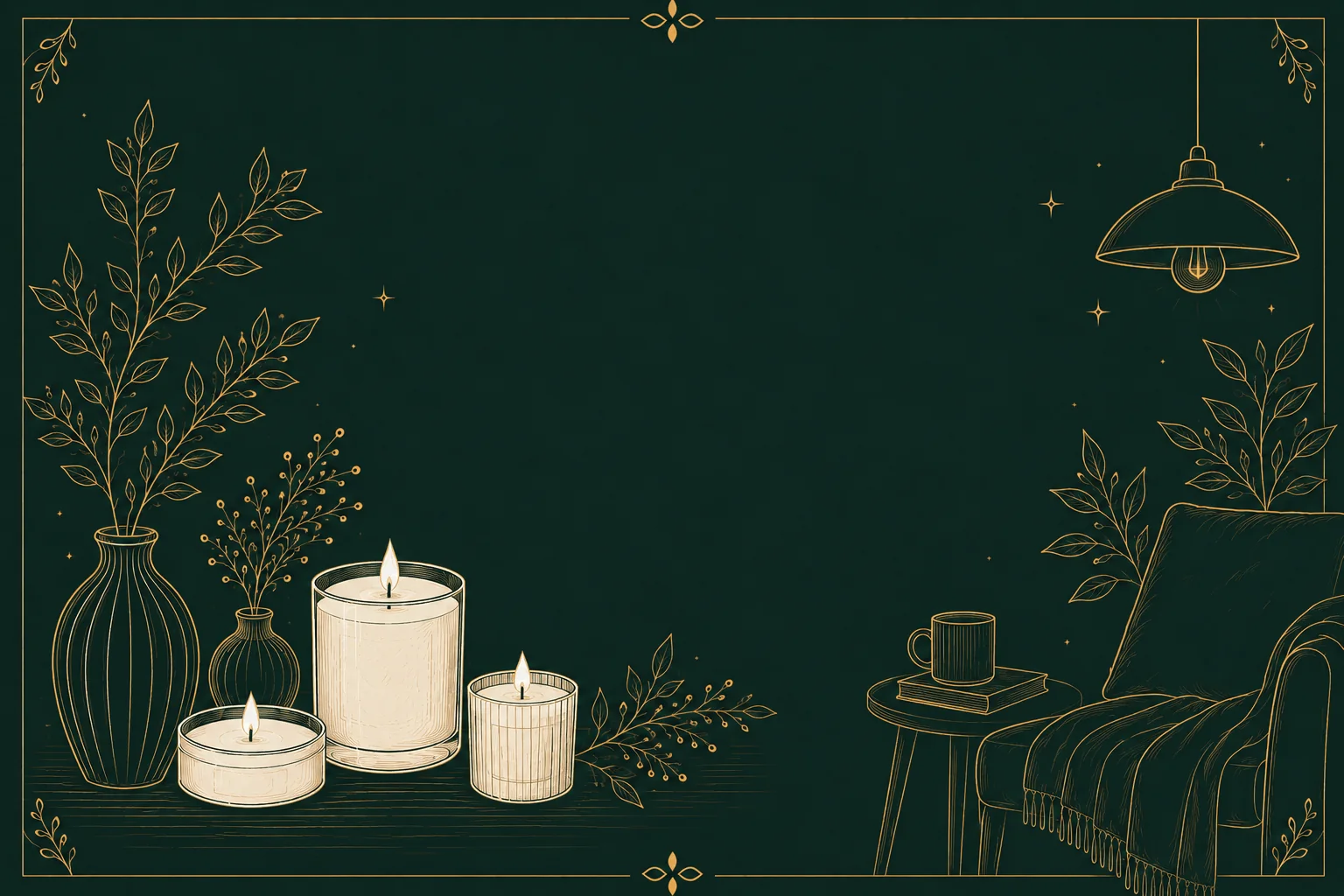 Illustration of three lit candles beside a reading chair in a quiet home corner